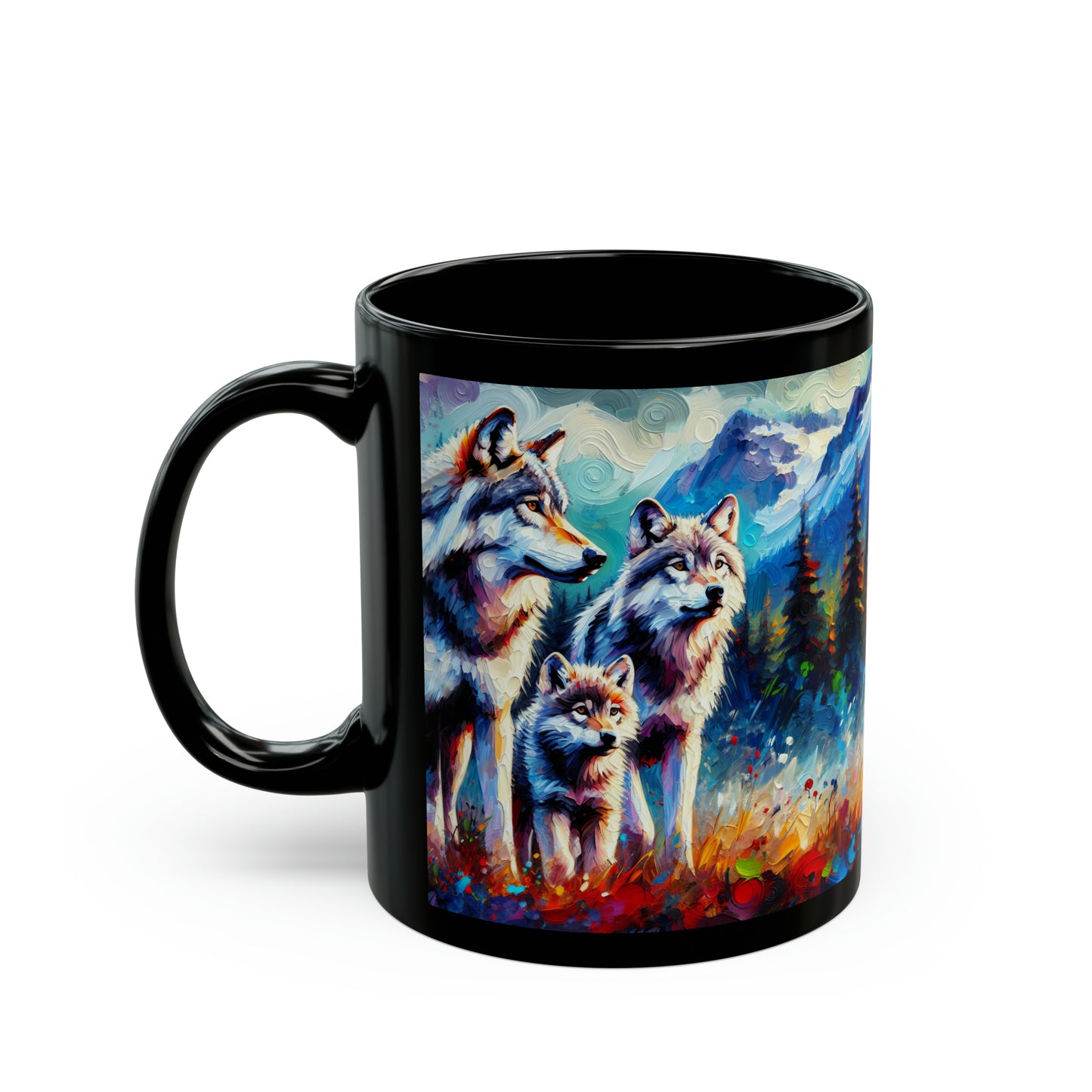 Gray Wolf Family - Black Mugs (11oz, 15oz)
