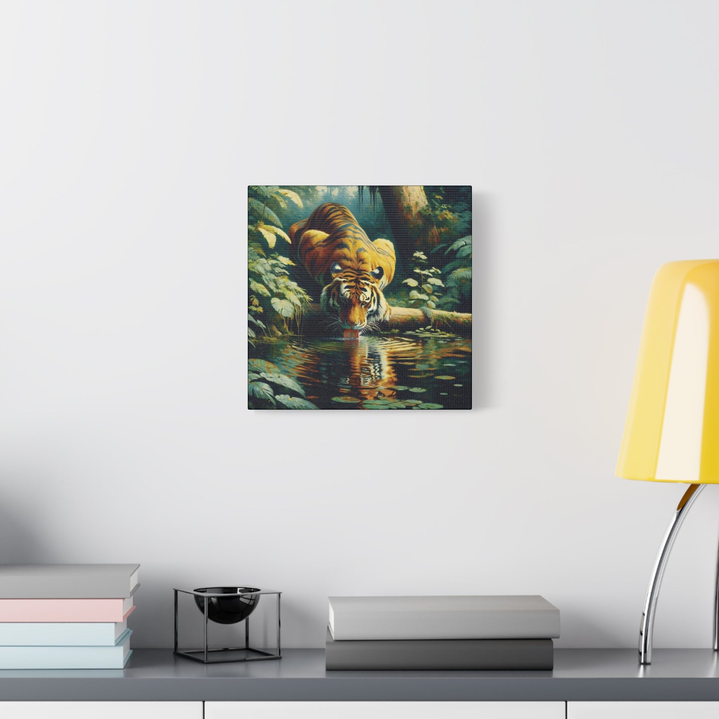 Tiger at Pond Impressionist Canvas Art Print
