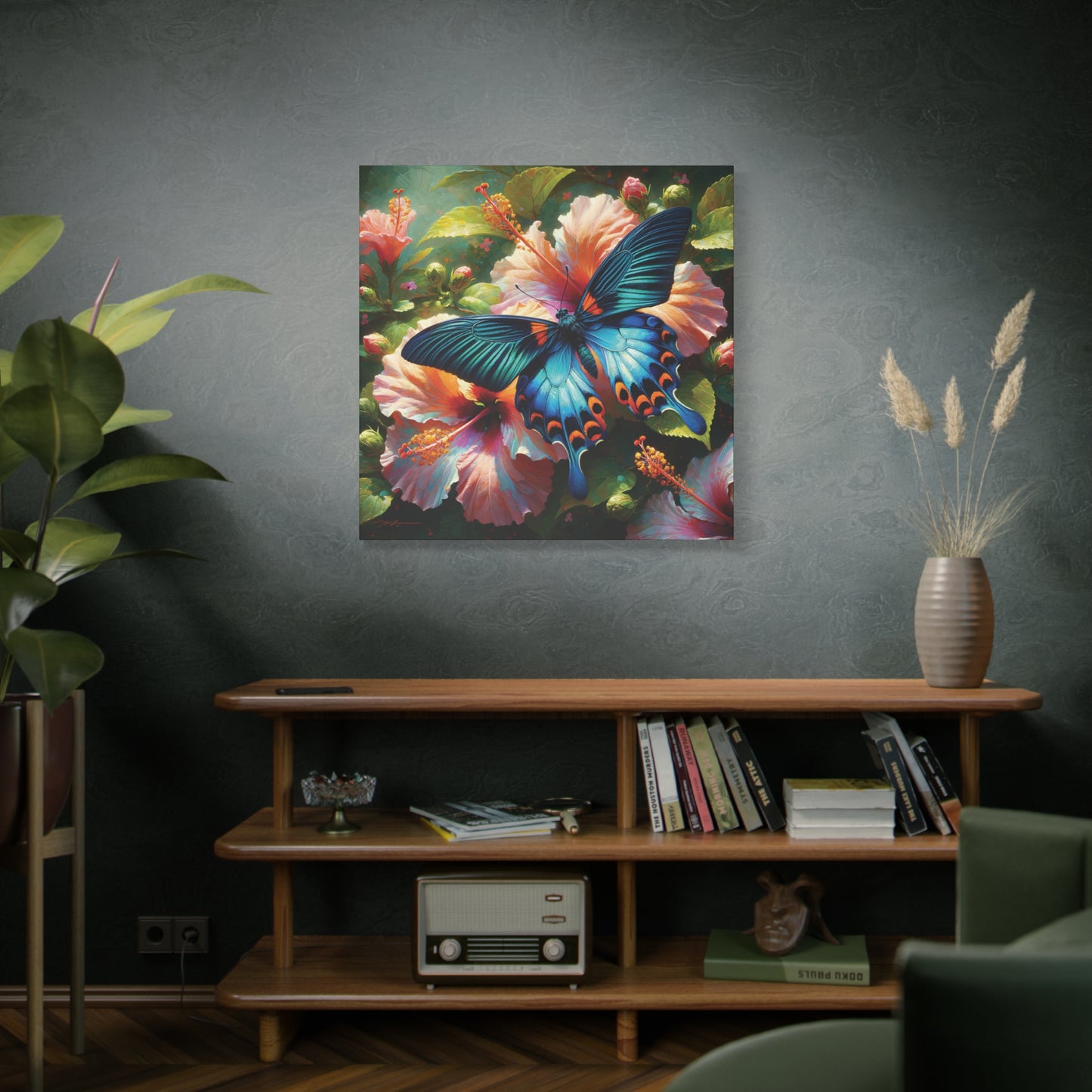 Butterfly Canvas Wall Art - Blue Butterfly with Hibiscus, Impressionist Art Style