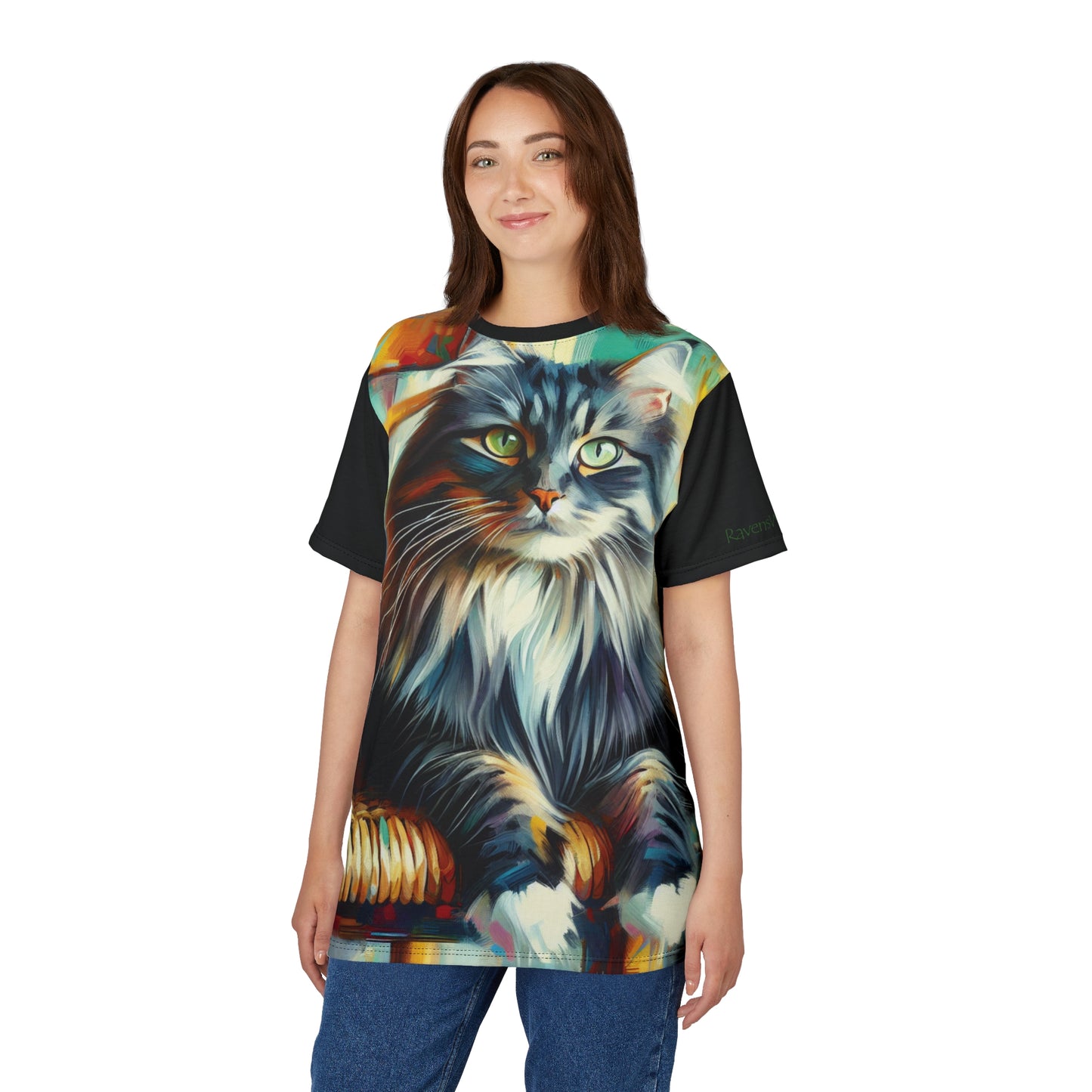 Longhaired Cat on Wooden Chair Vibrant Art Tee | Colorful Unisex Cut & Sew T-Shirt, Wildlife Apparel, Unique Graphic Tee, Birthday Gift