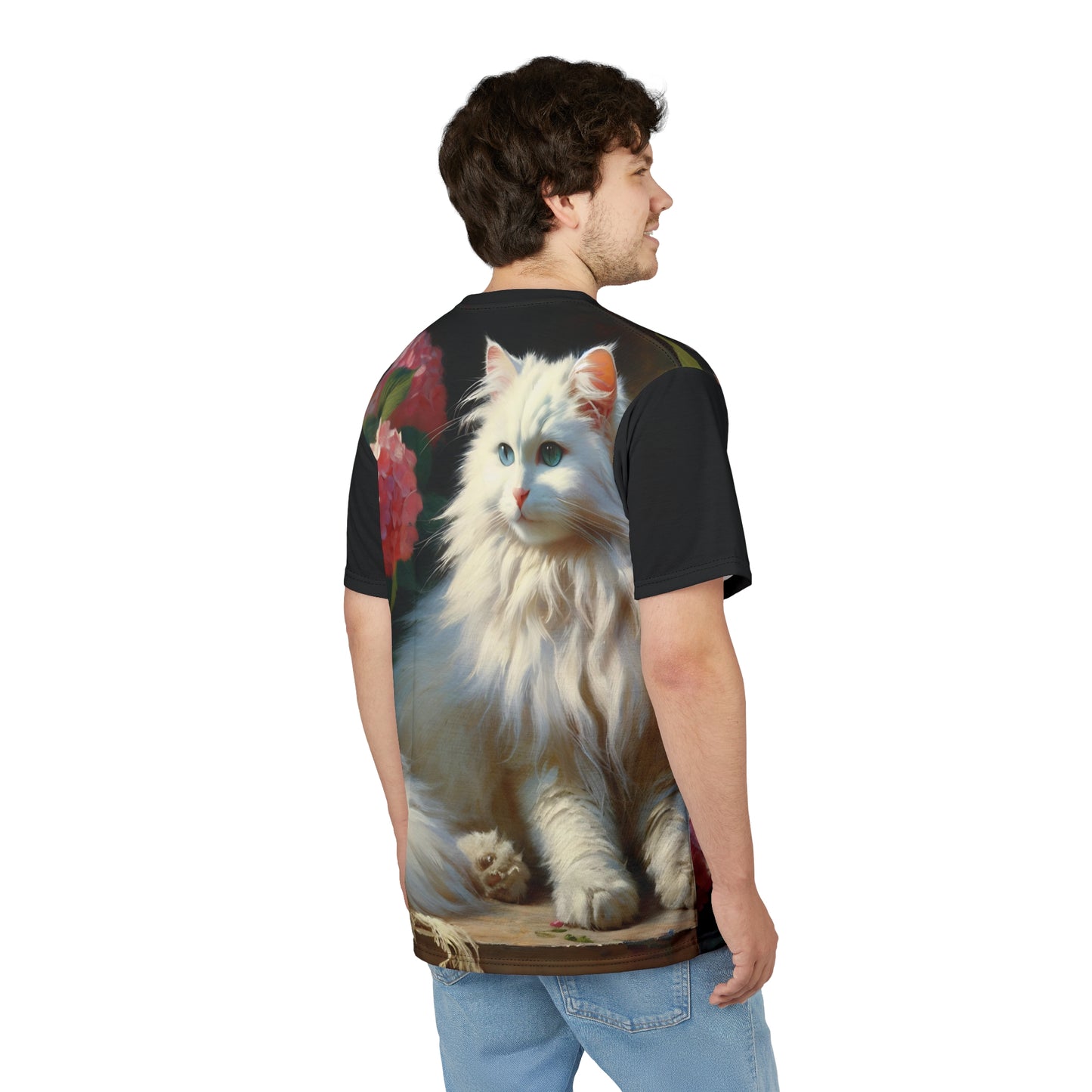 Blue-Eyed White Cat with Pink Hydrangeas Vibrant Art Tee | Colorful Unisex Cut & Sew T-Shirt, Wildlife Apparel, Unique Graphic Tee, Birthday Gift