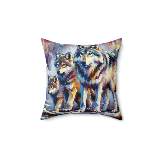 Decorative pillow with a colorful wolf family design