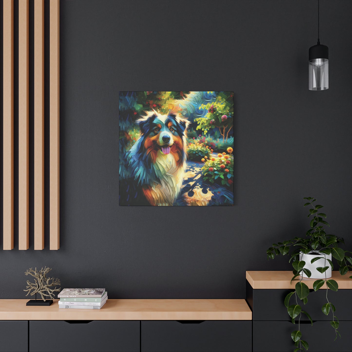 Canvas Wall Art - Australian Shepherd on Garden Path, Contemporary Impressionist Art Print
