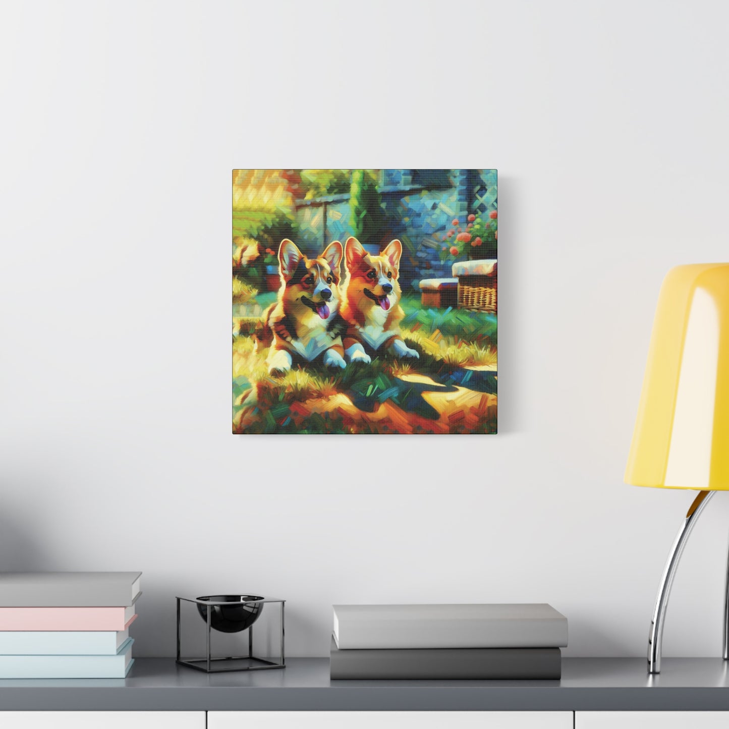 Canvas Wall Art - Pembroke Corgi Pair Resting in Garden - Contemporary Impressionist Print