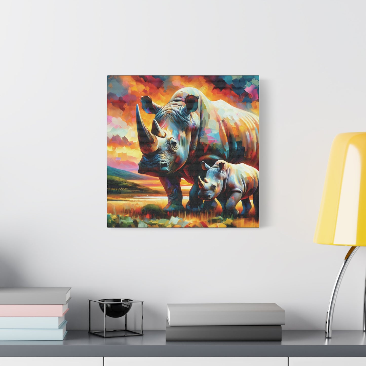 Rhinos at Sunset Expressionist Canvas Art Print