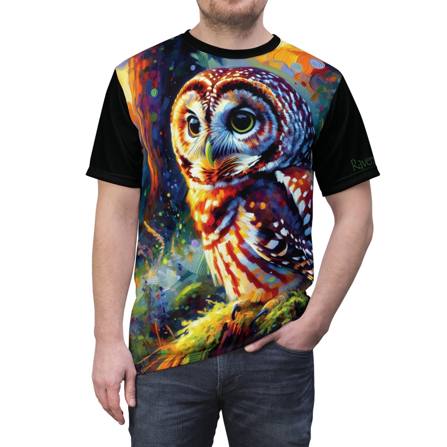 Barred Owl at Sunset Vibrant Art Tee | Colorful Unisex Cut & Sew T-Shirt, Wildlife Apparel, Unique Graphic Tee, Birthday Gift