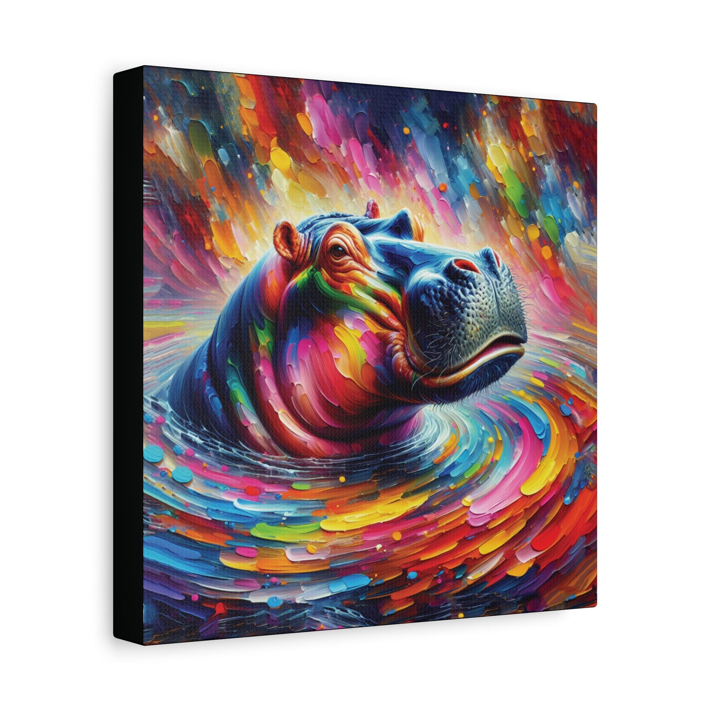 Colorful abstract painting of a hippopotamus with swirling patterns in the water