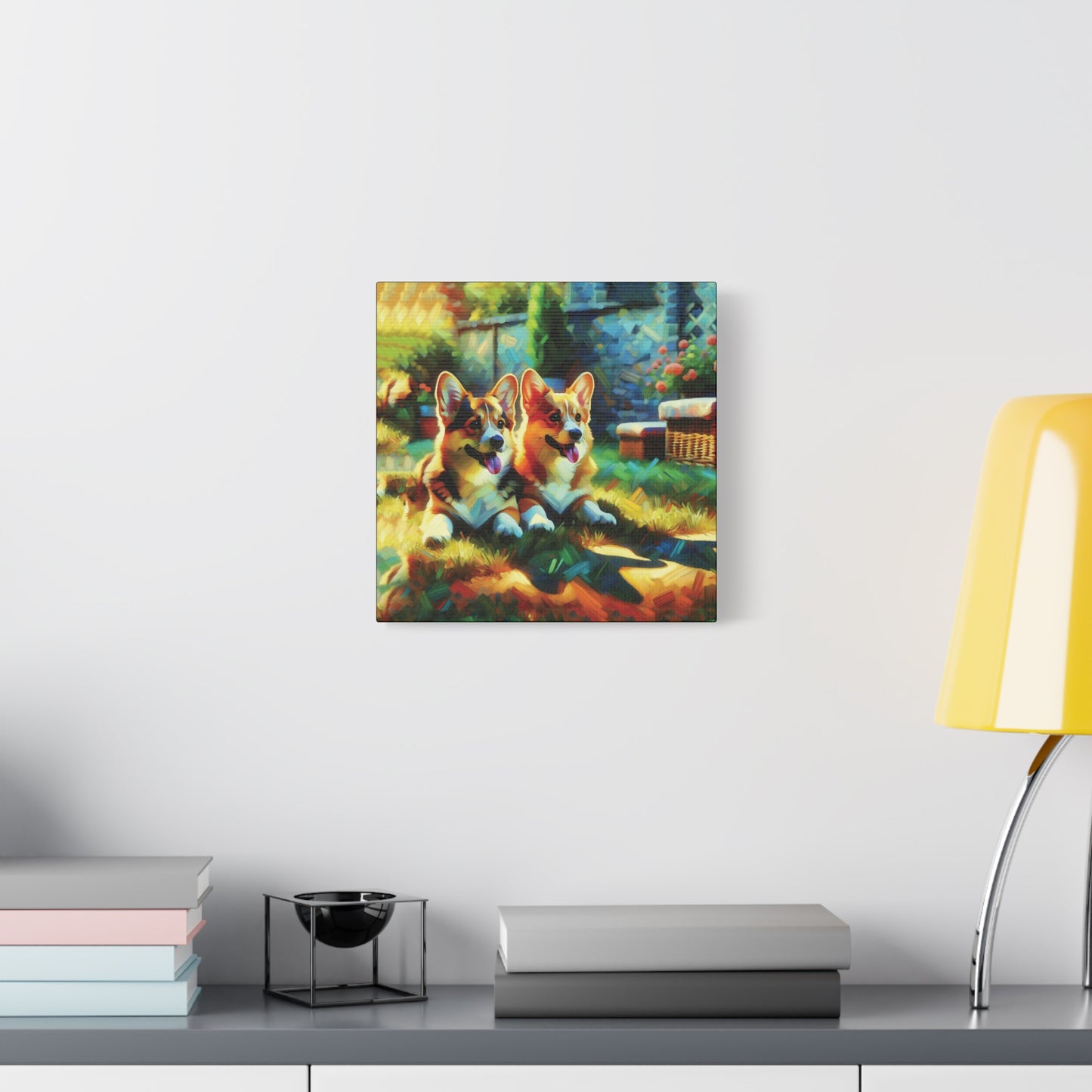 Canvas Wall Art - Pembroke Corgi Pair Resting in Garden - Contemporary Impressionist Print