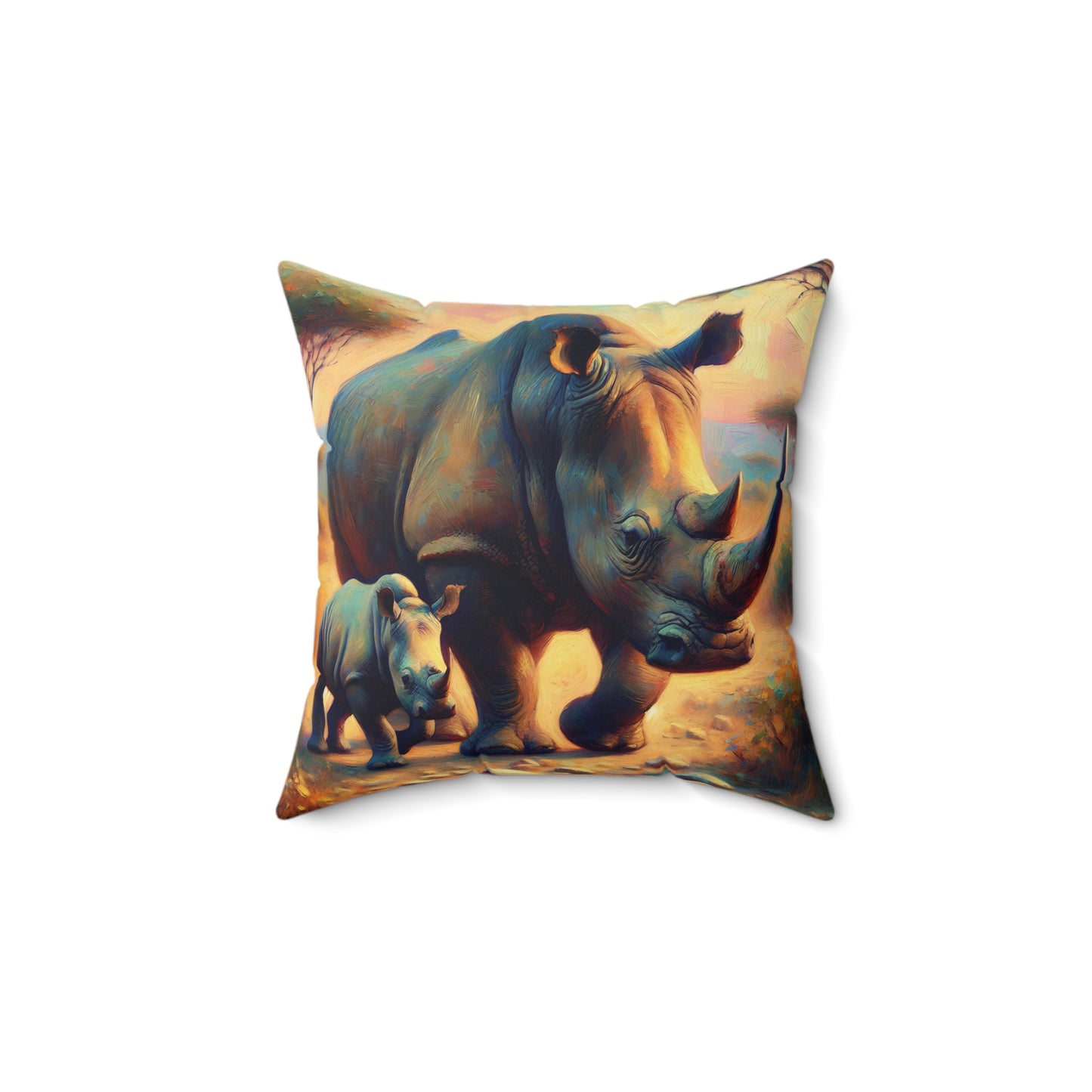 Rhino Throw Pillow - Rhino with Baby Impressionist Style Art on Faux Suede Square Pillow