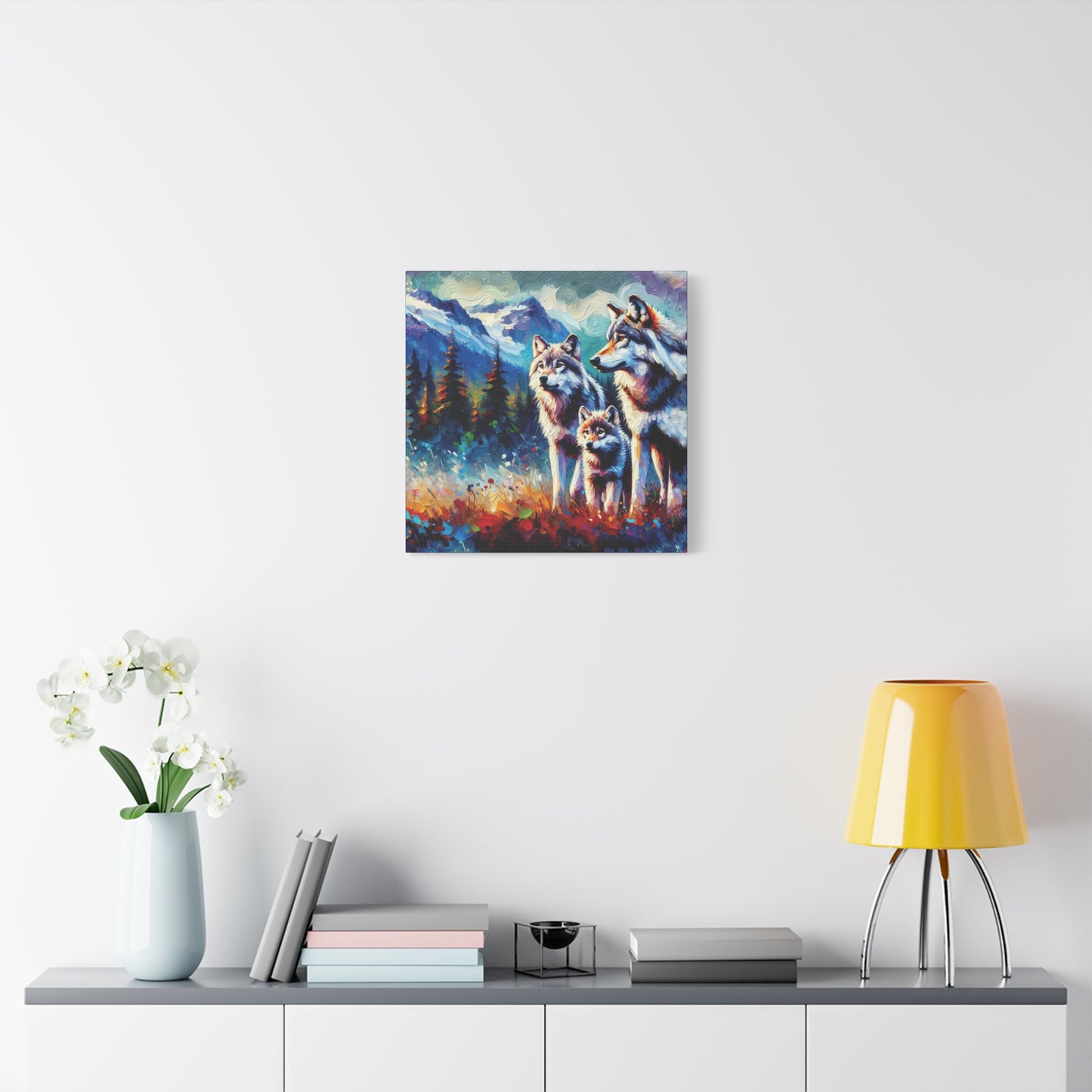 Gray Wolf Family Canvas Wall Art - Expressionist Canvas Print