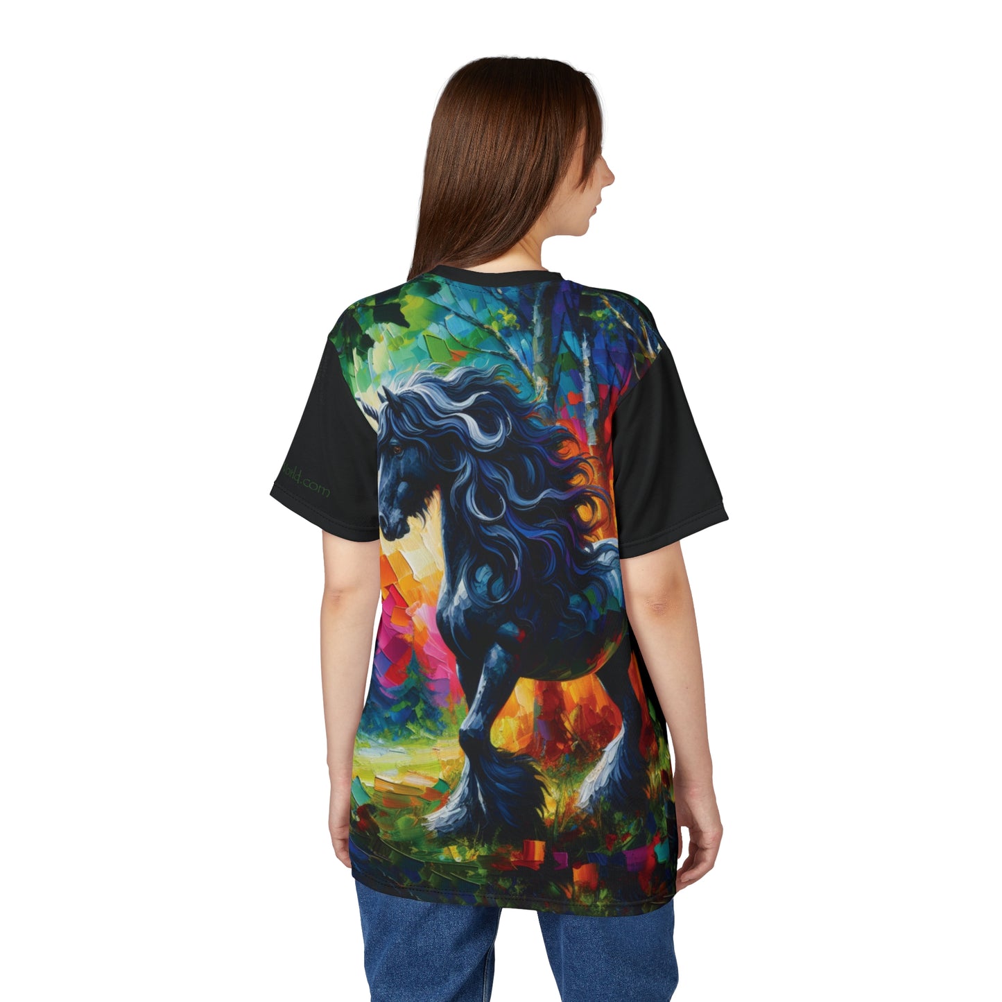 Elegant Black Stallion Unicorn Art Tee | Colorful Unisex Cut & Sew T-Shirt, Wildlife Apparel, Unique Graphic Tee
