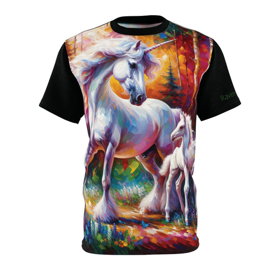 T-shirt with a colorful design of unicorns and a sunset landscape on a white background.