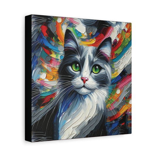 A canvas wall art print of a grey and white cat with a colorful, impressionist-style background.