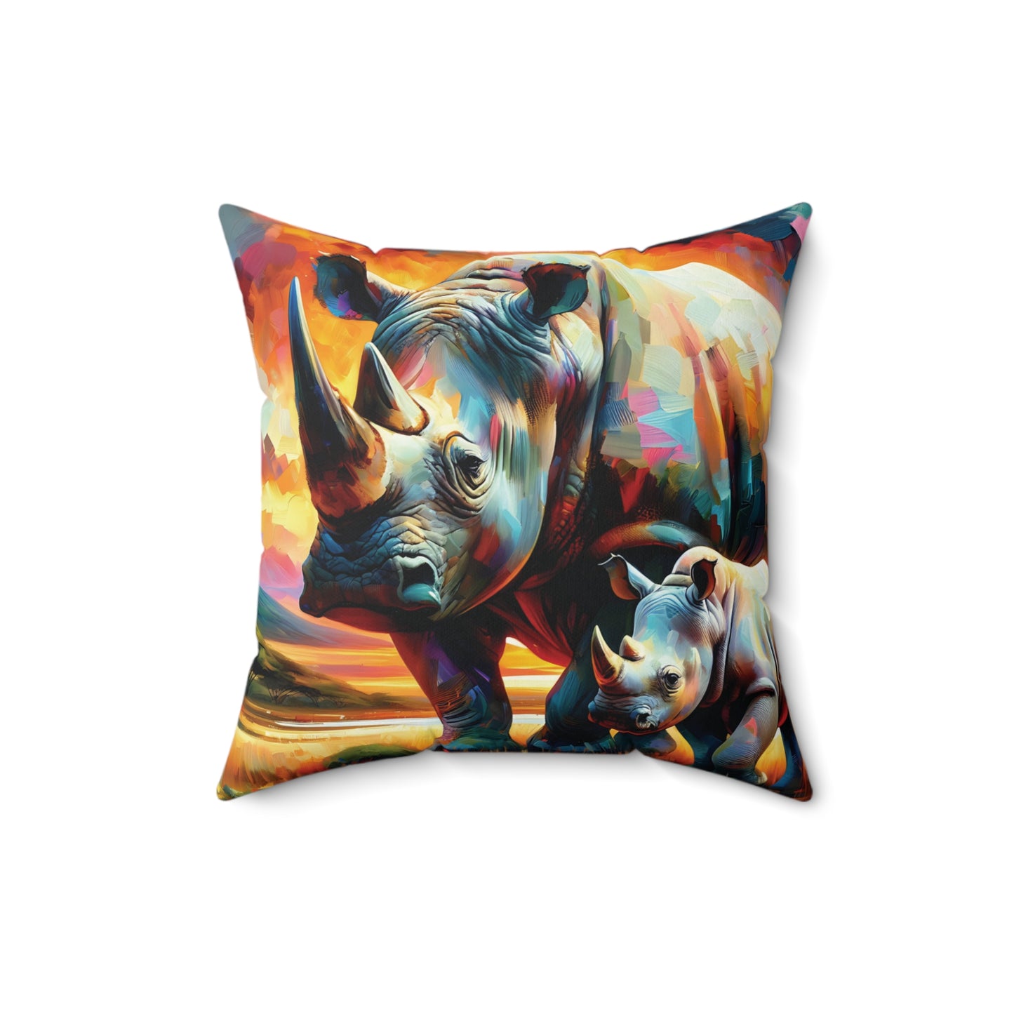 Rhino Throw Pillow - Rhinos at Sunset Expressionist Style Art on Faux Suede Square Pillow