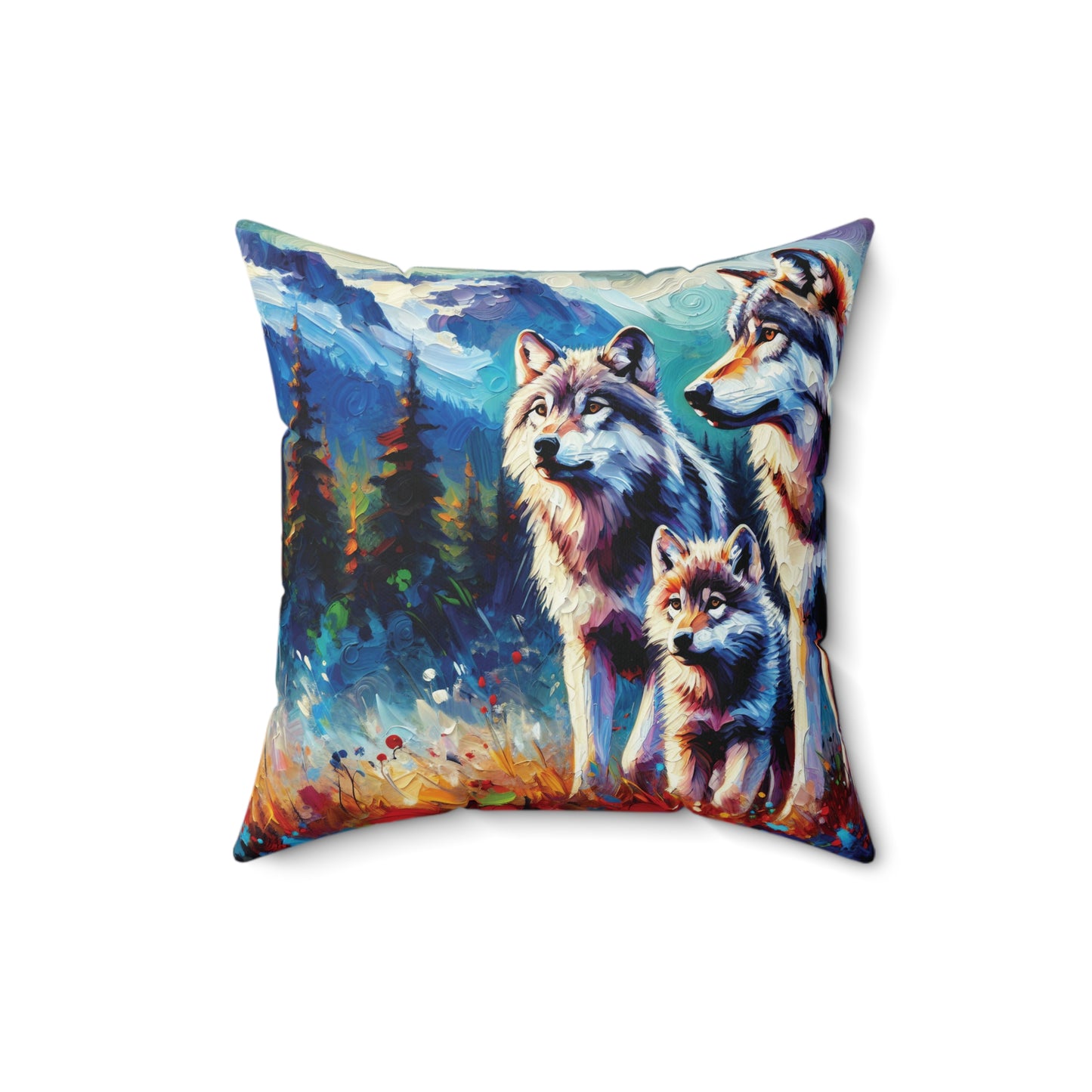 Gray Wolf Family - Square Throw Pillows