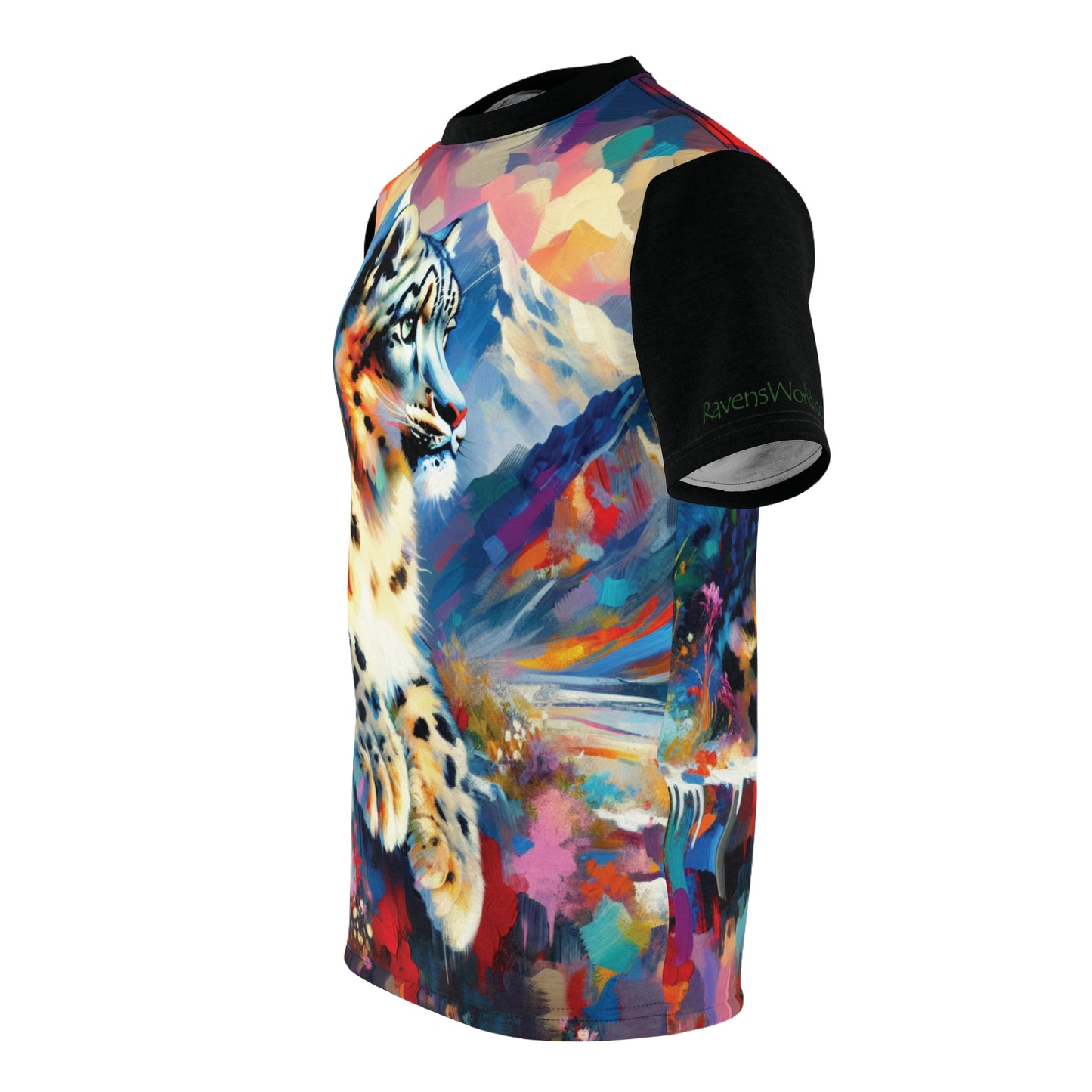 Himalayan Snow Leopard Vibrant Art Tee | Colorful Unisex Cut & Sew T-Shirt, Wildlife Apparel, Unique Graphic Tee, Birthday Gift
