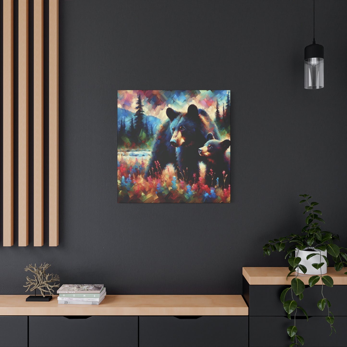 Canvas Wall Art - Black Bear with Cub in Forest Clearing - Contemporary Impressionist Art Print