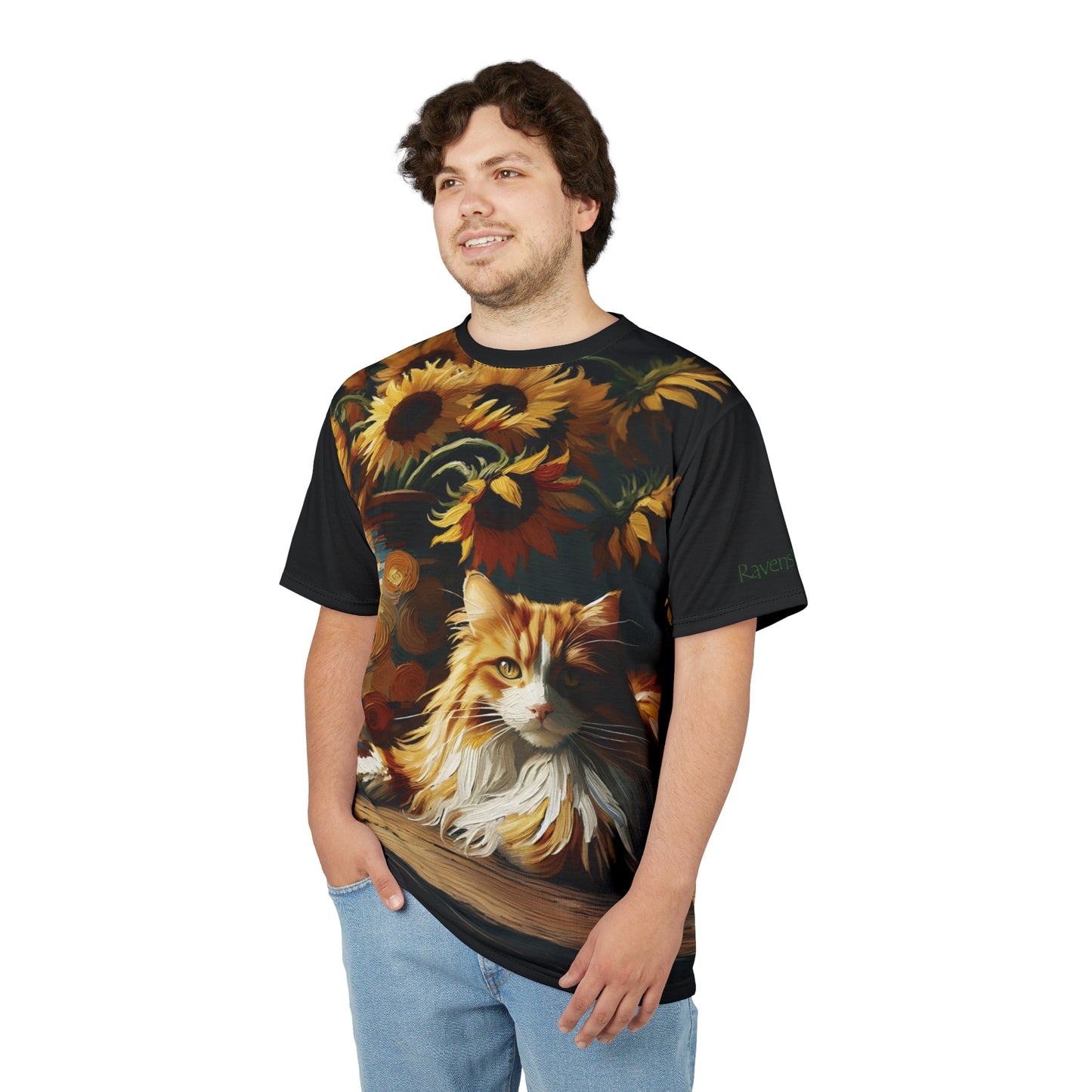 Orange and White Cat with Sunflowers Vibrant Art Tee | Colorful Unisex Cut & Sew T-Shirt, Cat Lover Apparel, Unique Graphic Tee, Birthday Gift