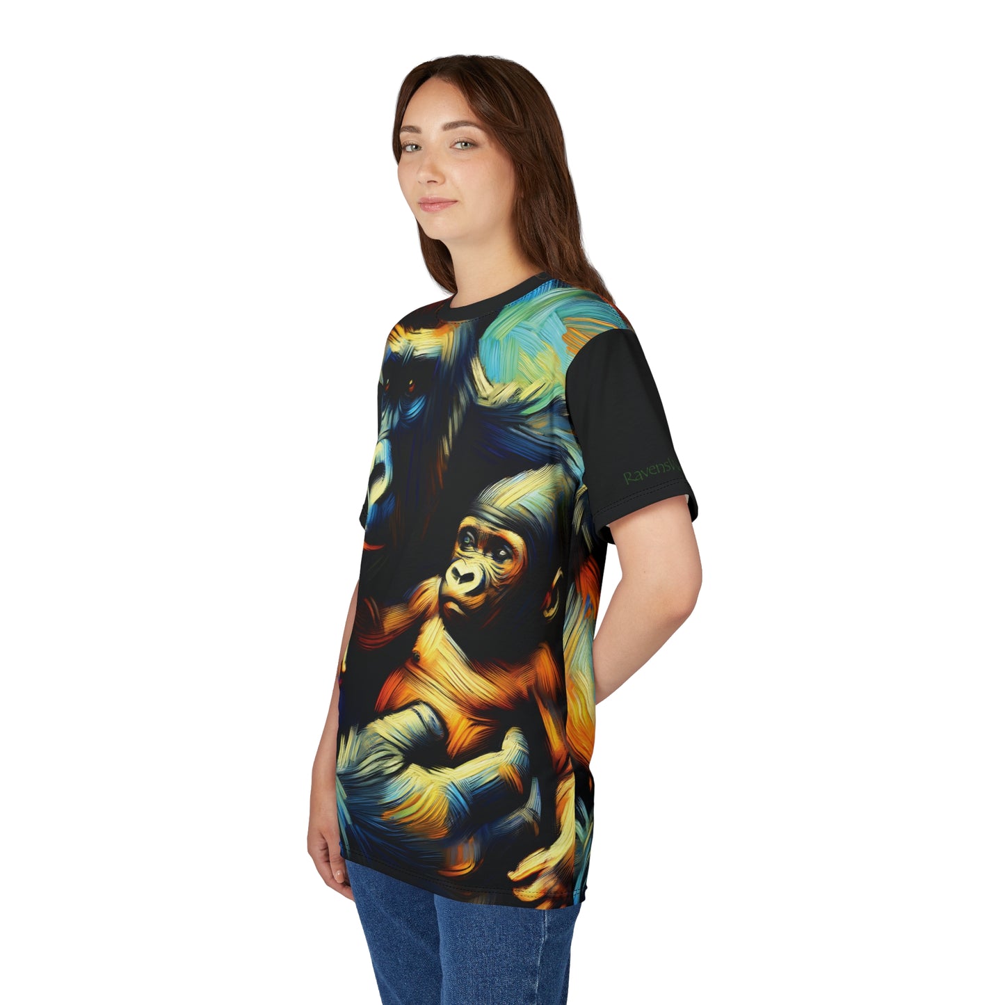 Gorilla Holding Baby Art Tee | Colorful Unisex Cut & Sew T-Shirt, Wildlife Apparel, Unique Graphic Tee, Birthday Gift