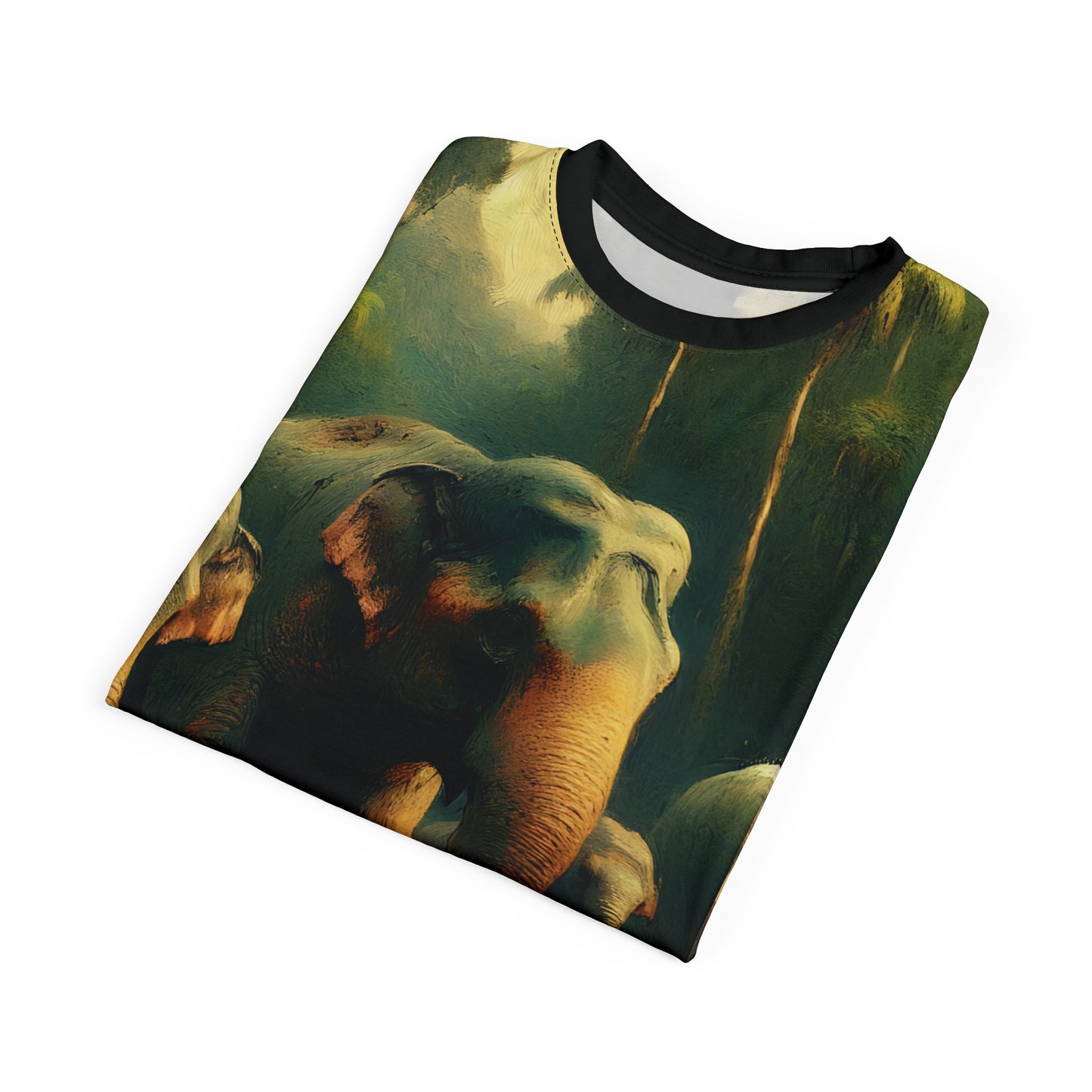 Asiatic Elephant Herd at Watering Hole Vibrant Art Tee | Colorful Unisex Cut & Sew T-Shirt, Wildlife Apparel, Unique Graphic Tee, Birthday Gift