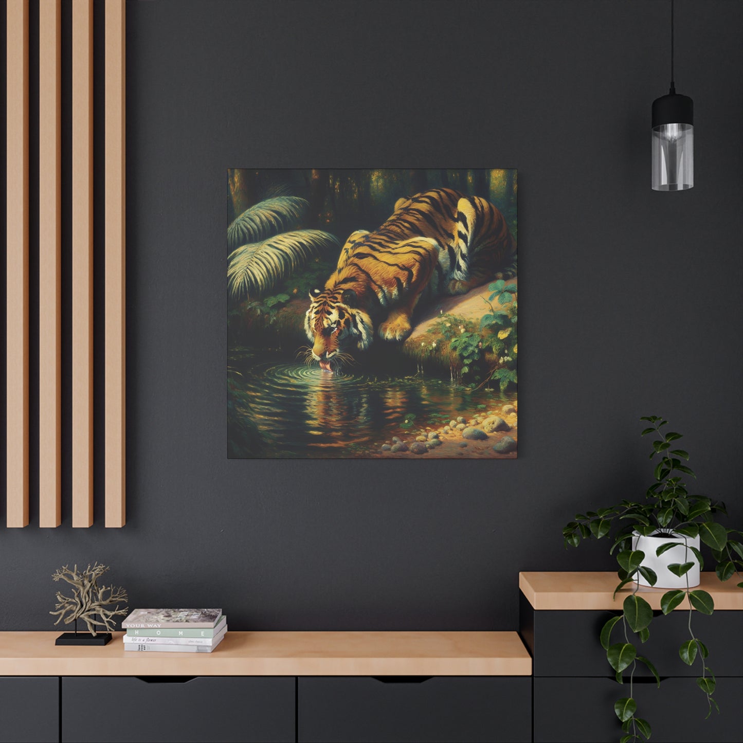 Tiger Drinking Impressionist Canvas Art Print