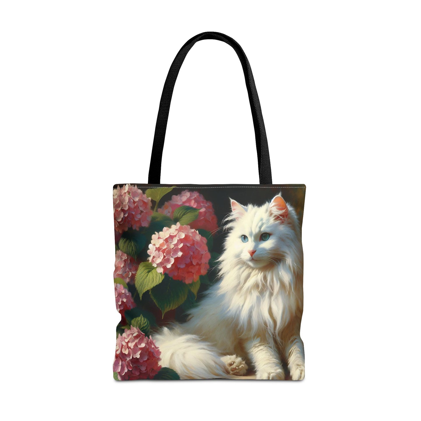 Cat Tote Bag with Pink Hydrangeas - Impressionist Style Art