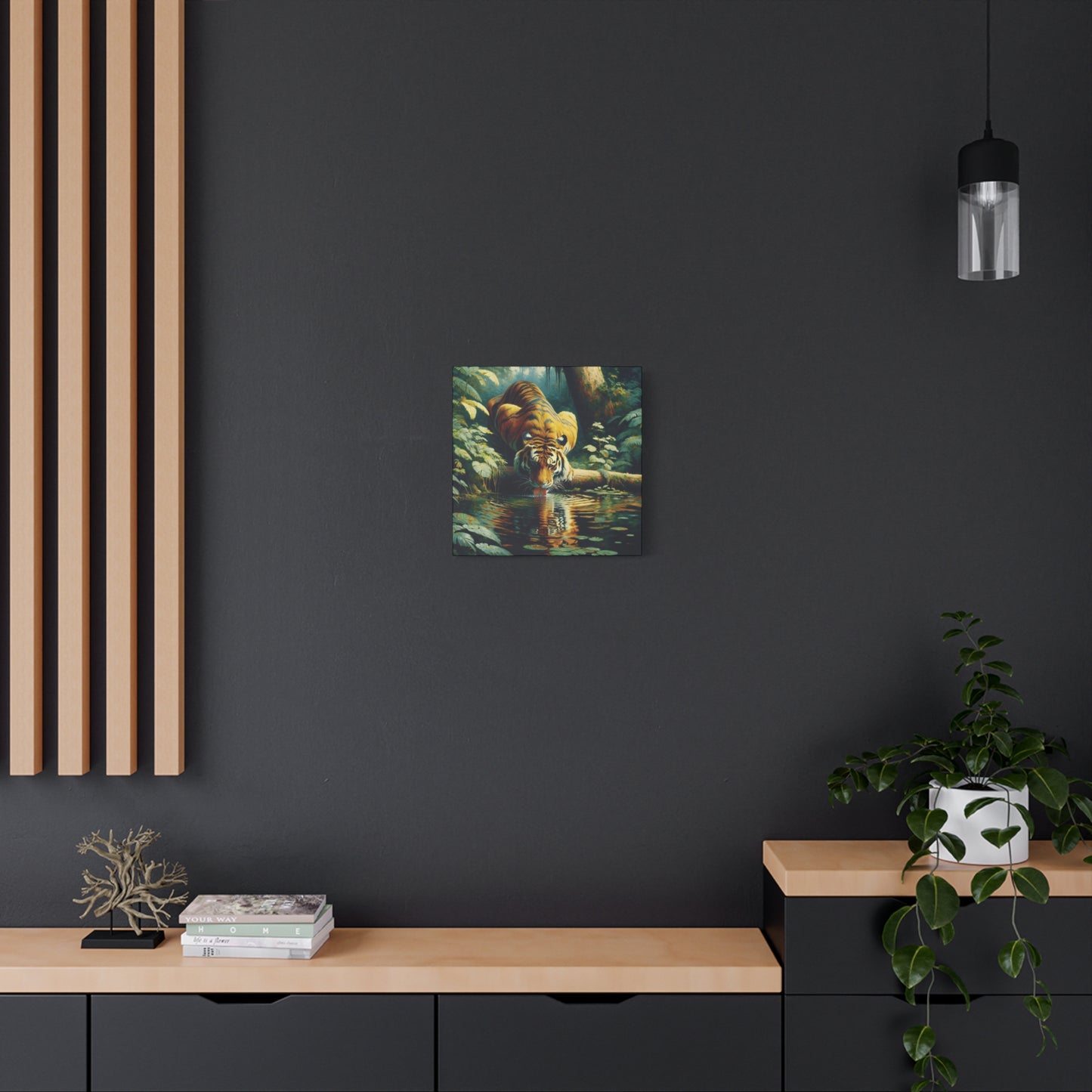 Tiger at Pond Impressionist Canvas Art Print