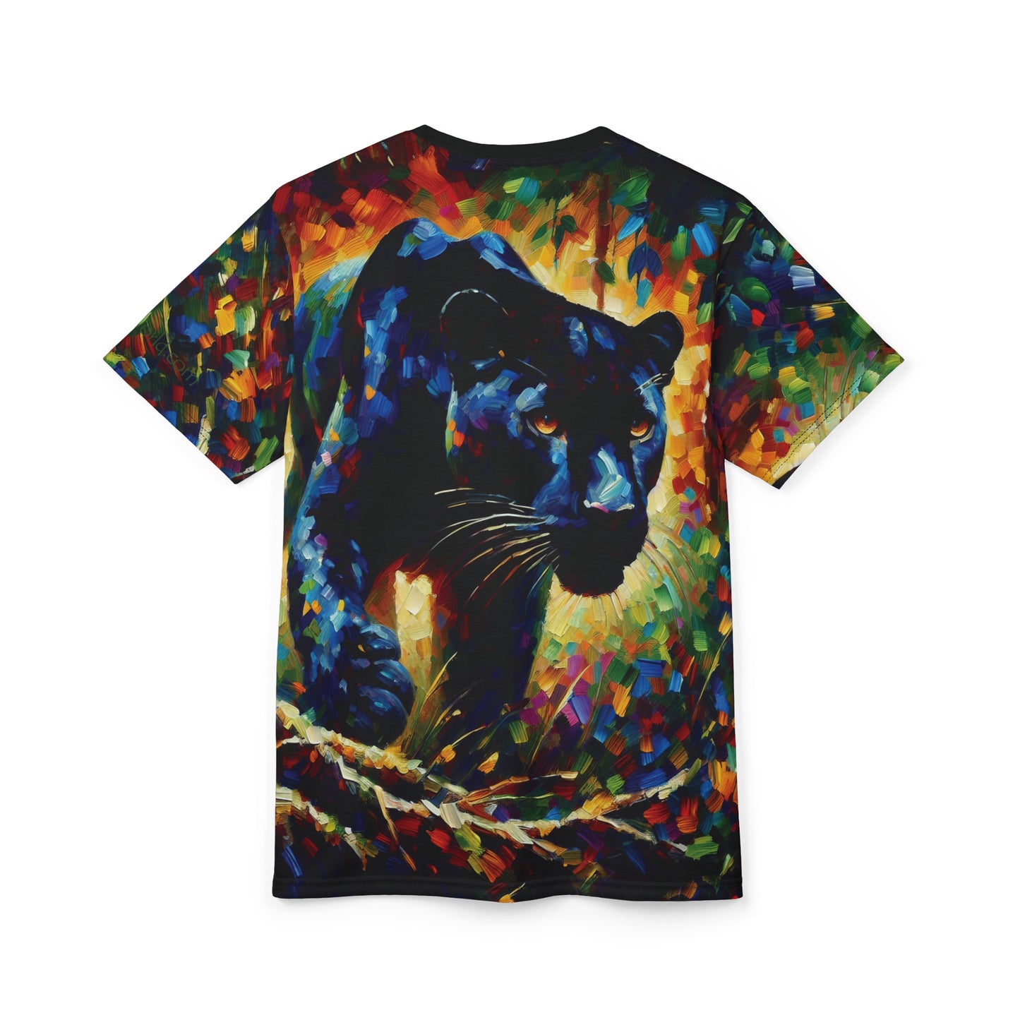 Stalking Black Panther in Jungle Vibrant Art Tee | Colorful Unisex Cut & Sew T-Shirt, Wildlife Apparel, Unique Graphic Tee, Birthday Gift