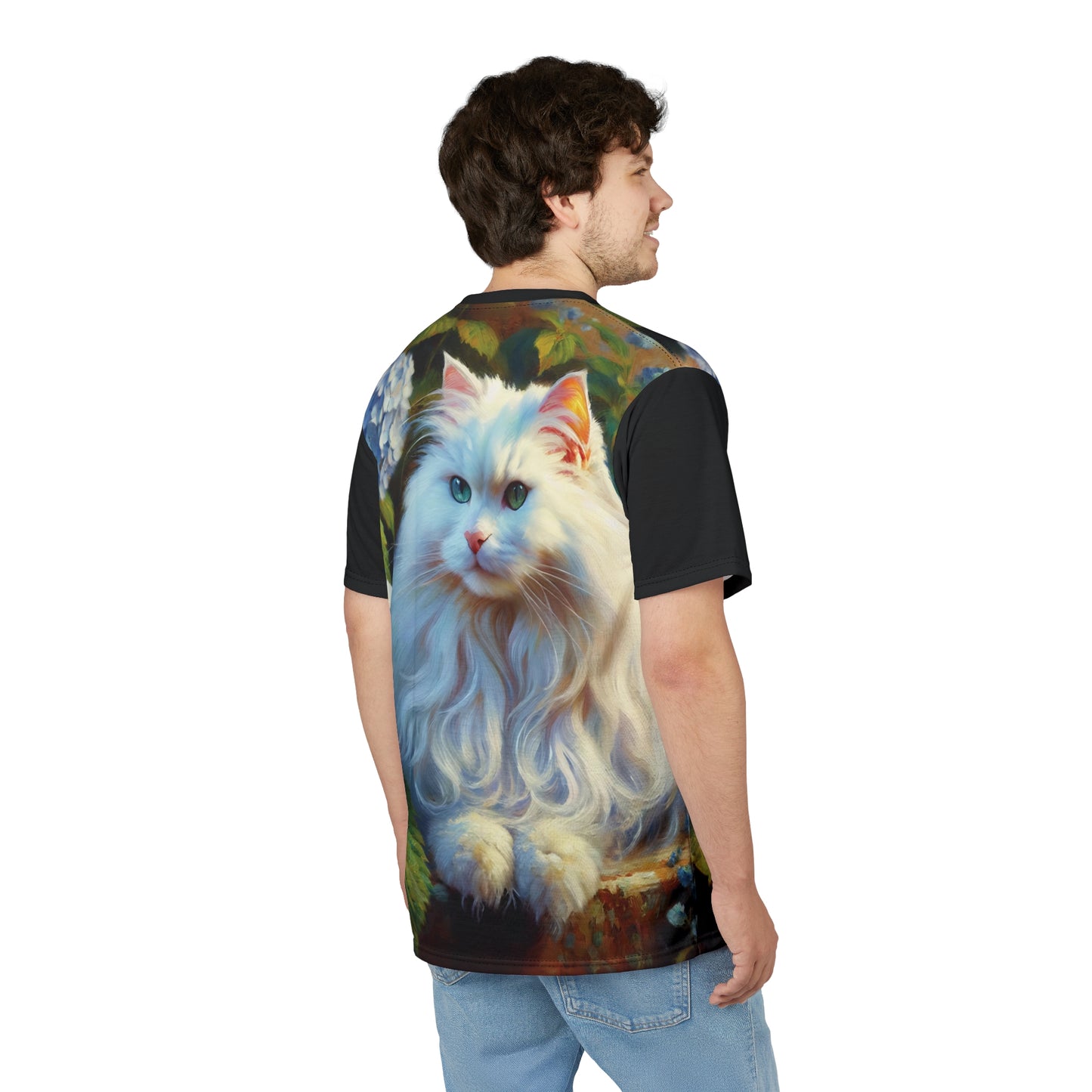 White Cat with Hydrangeas Vibrant Art Tee | Colorful Unisex Cut & Sew T-Shirt, Cat Lover Apparel, Unique Graphic Tee, Birthday Gift