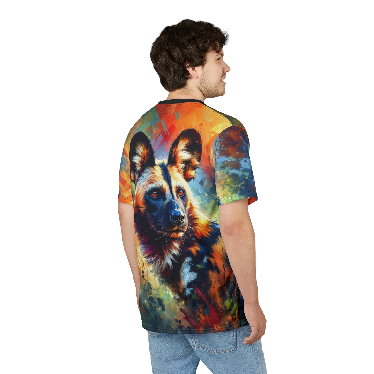 African Wild Dog Portrait Vibrant Art Tee | Colorful Unisex Cut & Sew T-Shirt, Wildlife Apparel, Unique Graphic Tee, Birthday Gift