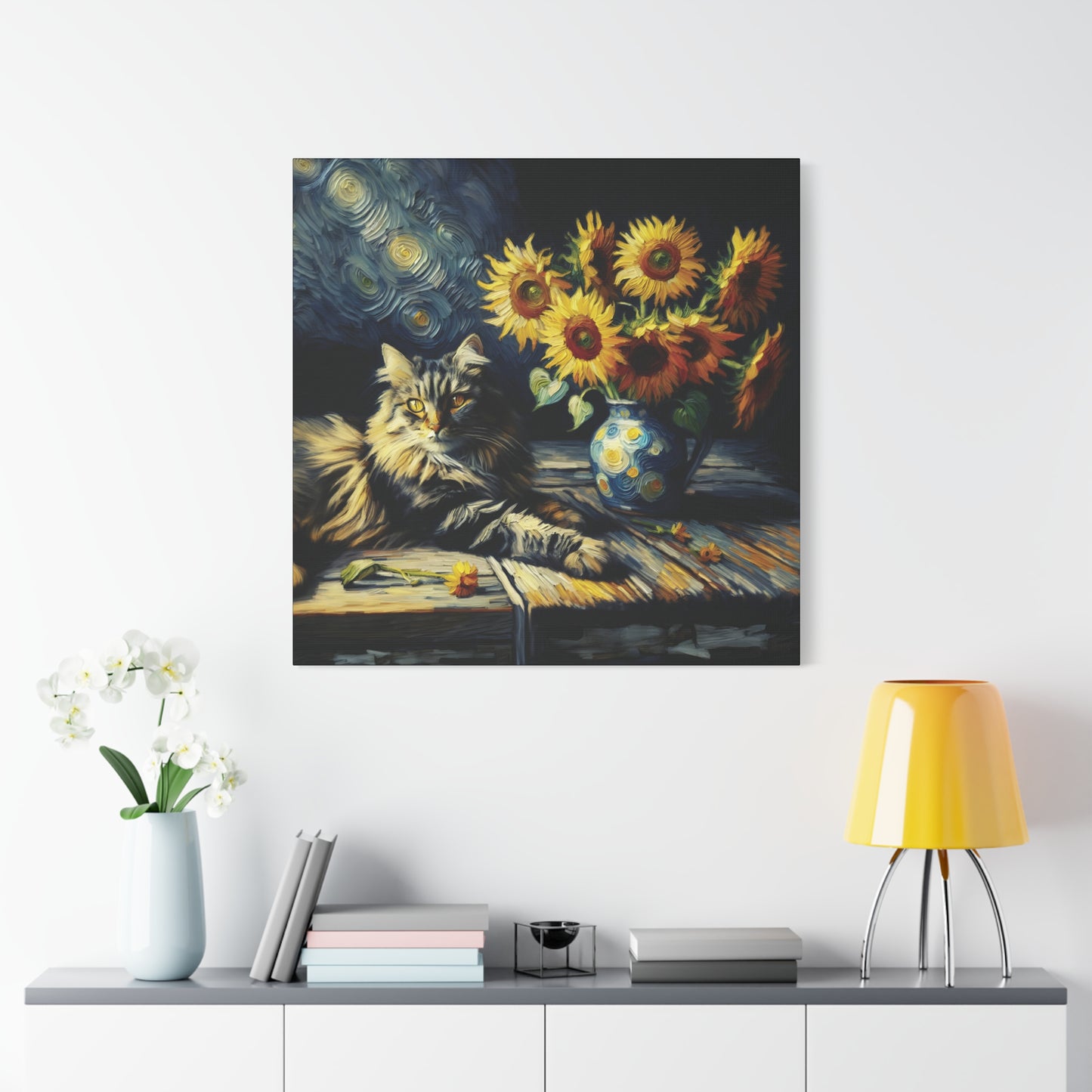 Canvas Wall Art - Grey Tabby Cat with Sunflowers - Old Master Style Art