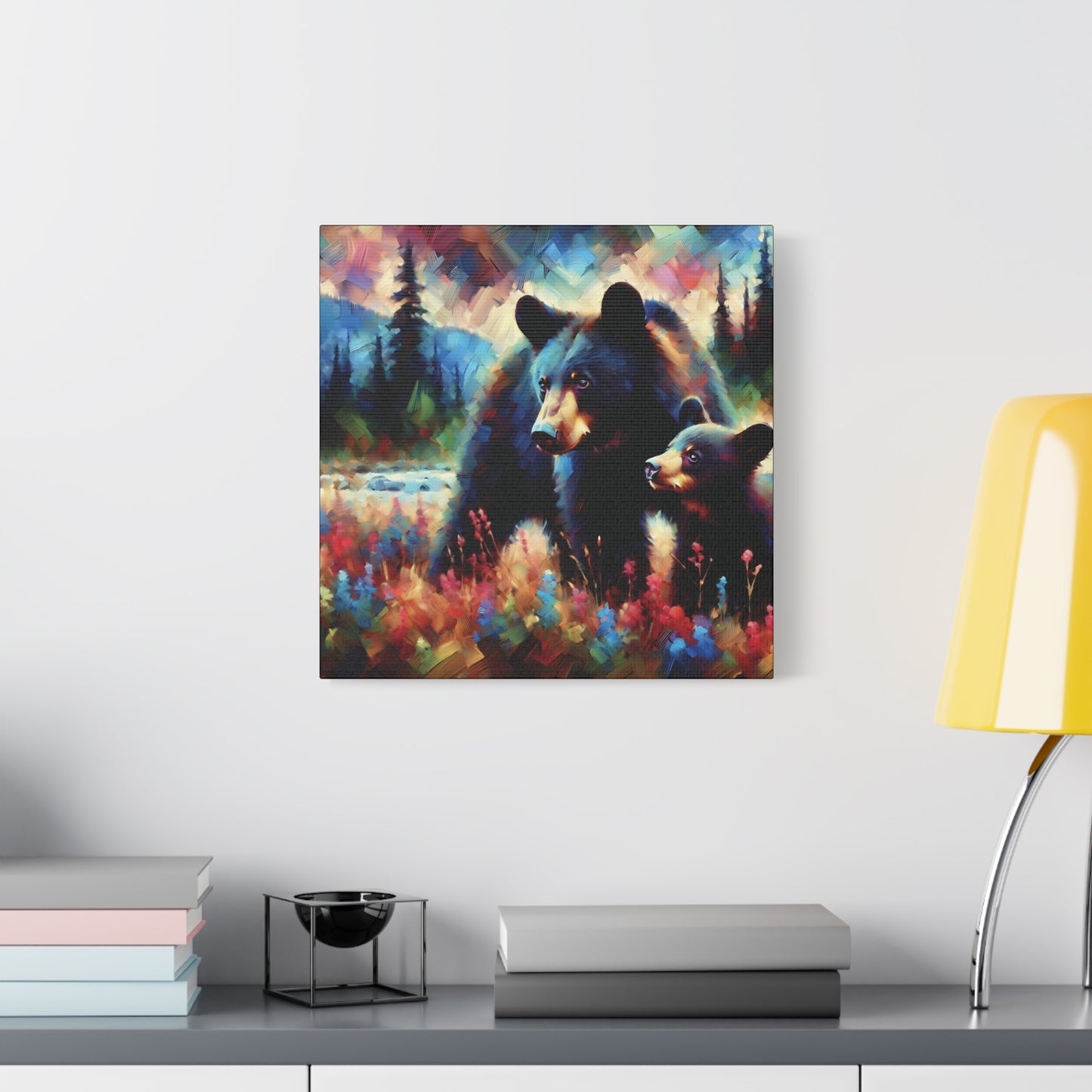 Canvas Wall Art - Black Bear with Cub in Forest Clearing - Contemporary Impressionist Art Print