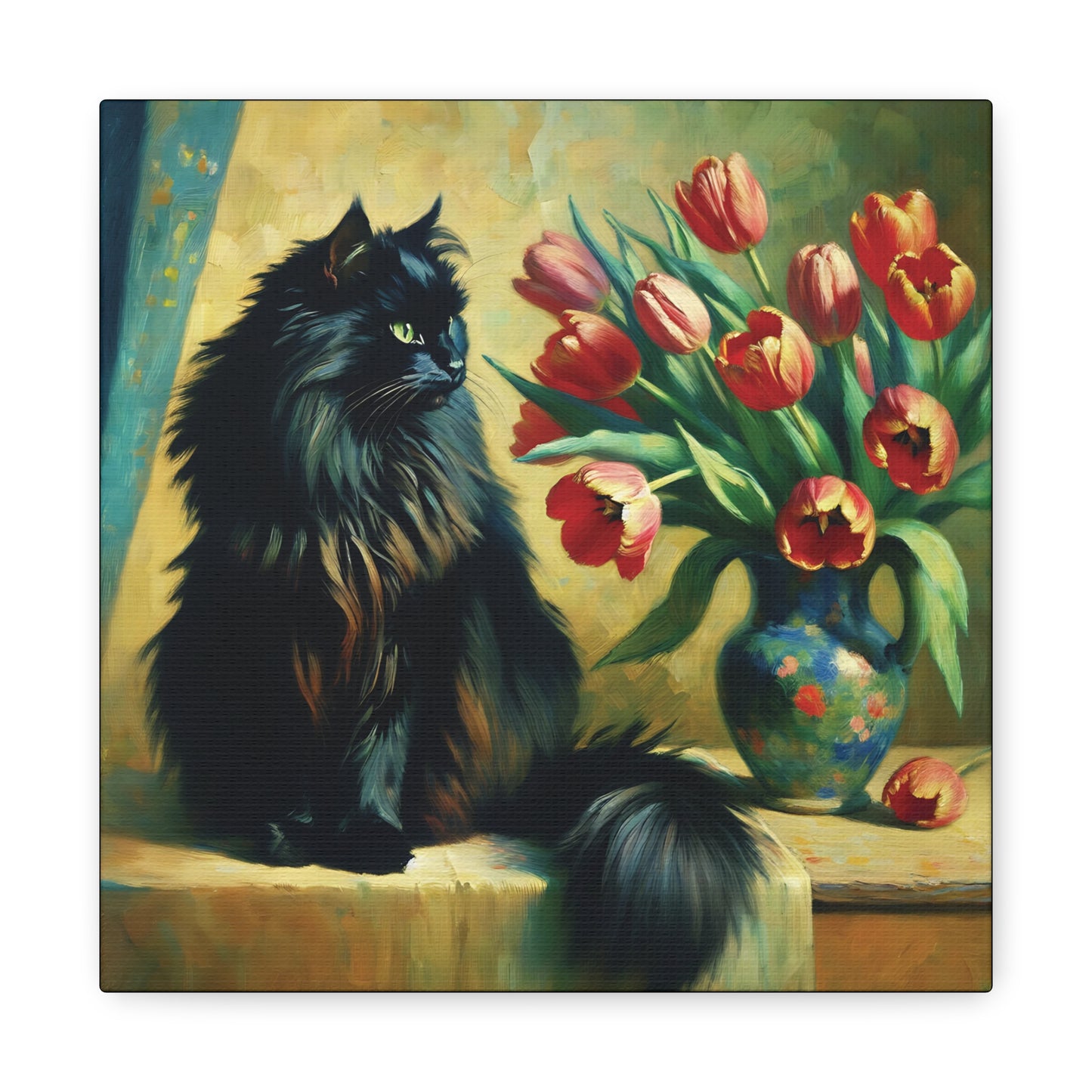 The Artist's Black Cat with Red Tulips - Impressionist Canvas Wall Art