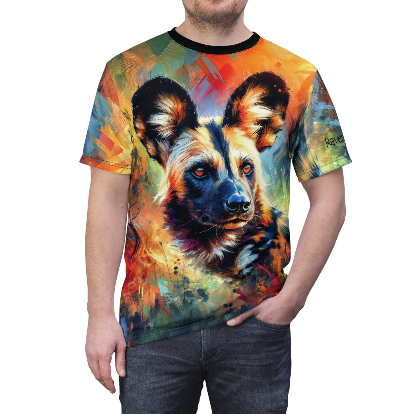 African Wild Dog Portrait Vibrant Art Tee | Colorful Unisex Cut & Sew T-Shirt, Wildlife Apparel, Unique Graphic Tee, Birthday Gift