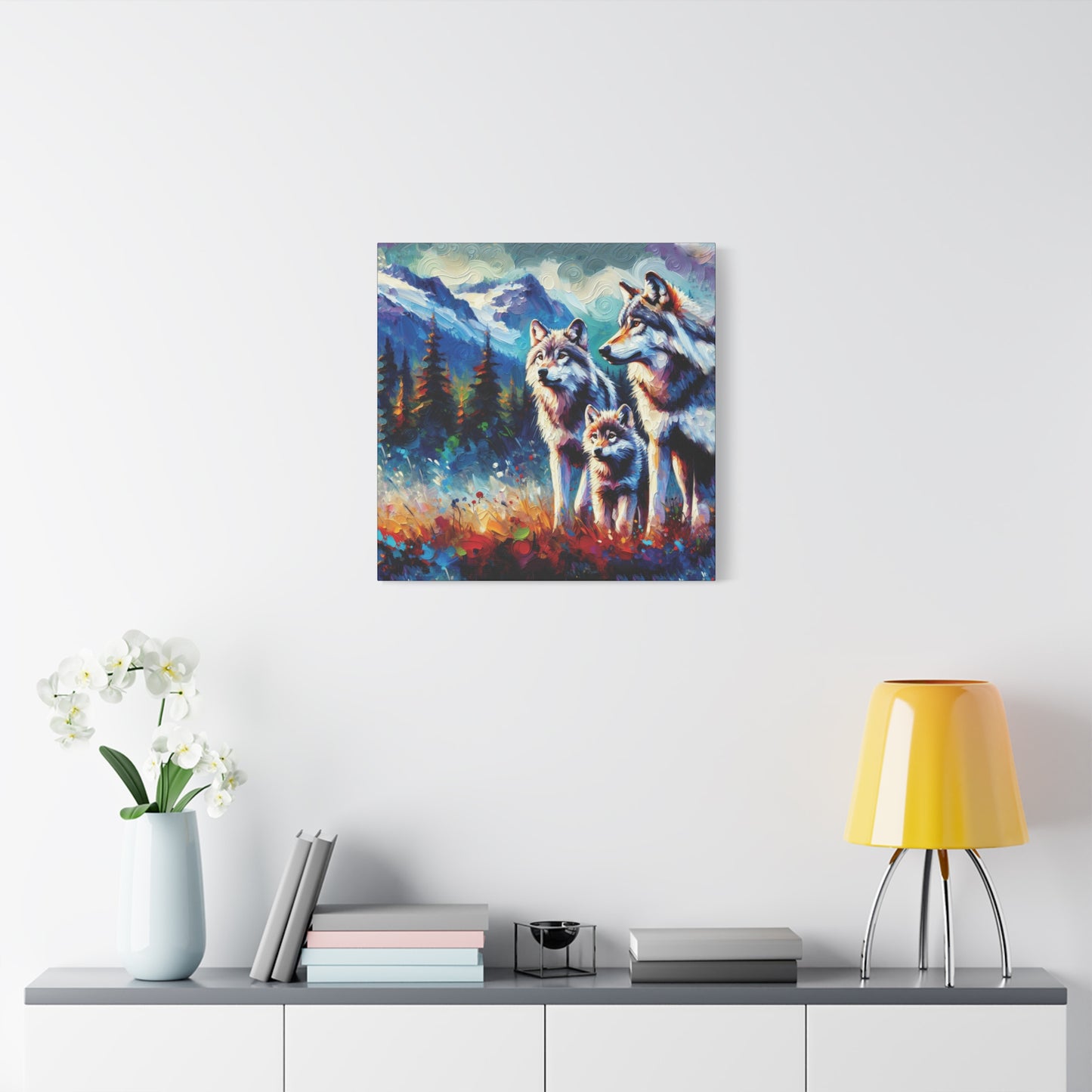 Gray Wolf Family Canvas Wall Art - Expressionist Canvas Print