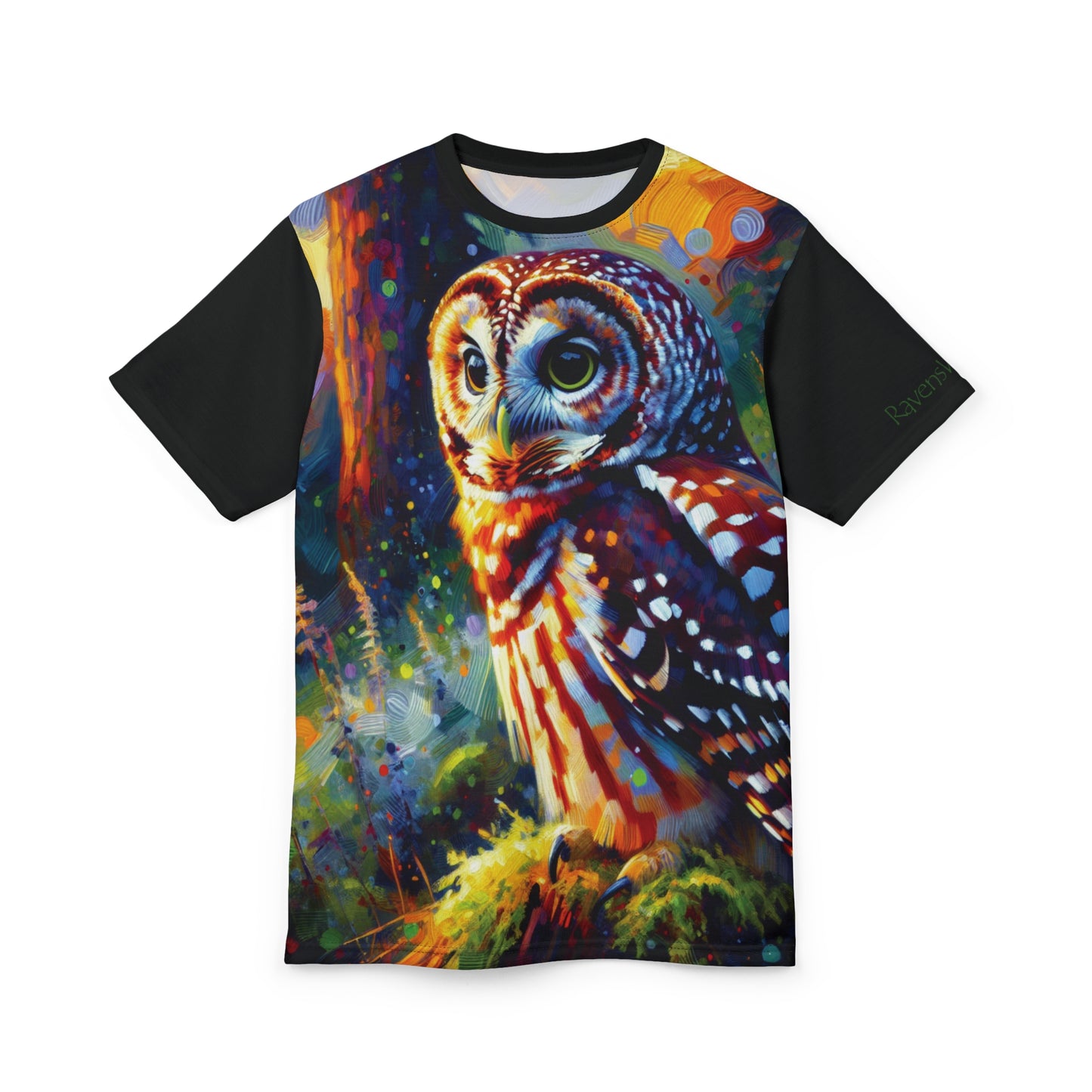 Barred Owl at Sunset Vibrant Art Tee | Colorful Unisex Cut & Sew T-Shirt, Wildlife Apparel, Unique Graphic Tee, Birthday Gift
