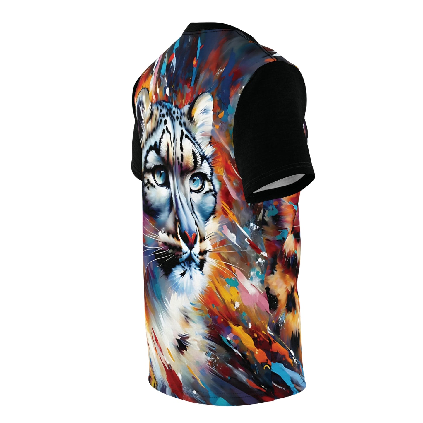 Colorful Snow Leopard Vibrant Art Tee | Colorful Unisex Cut & Sew T-Shirt, Wildlife Apparel, Unique Graphic Tee, Birthday Gift