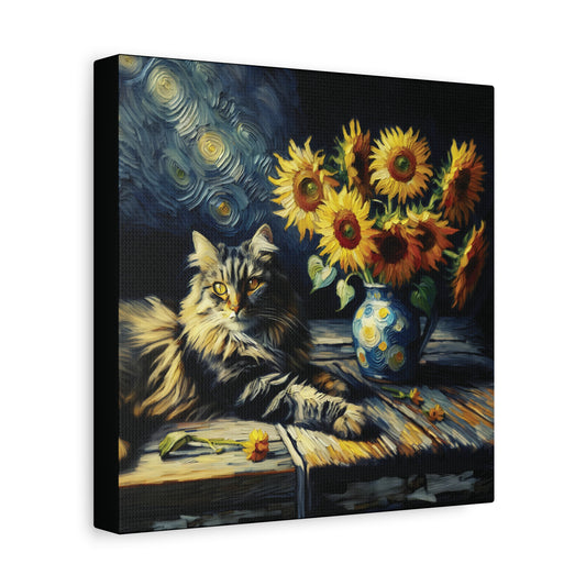 A canvas wall art print featuring a grey tabby cat lying next to a vase of sunflowers, styled in an old master painting technique.