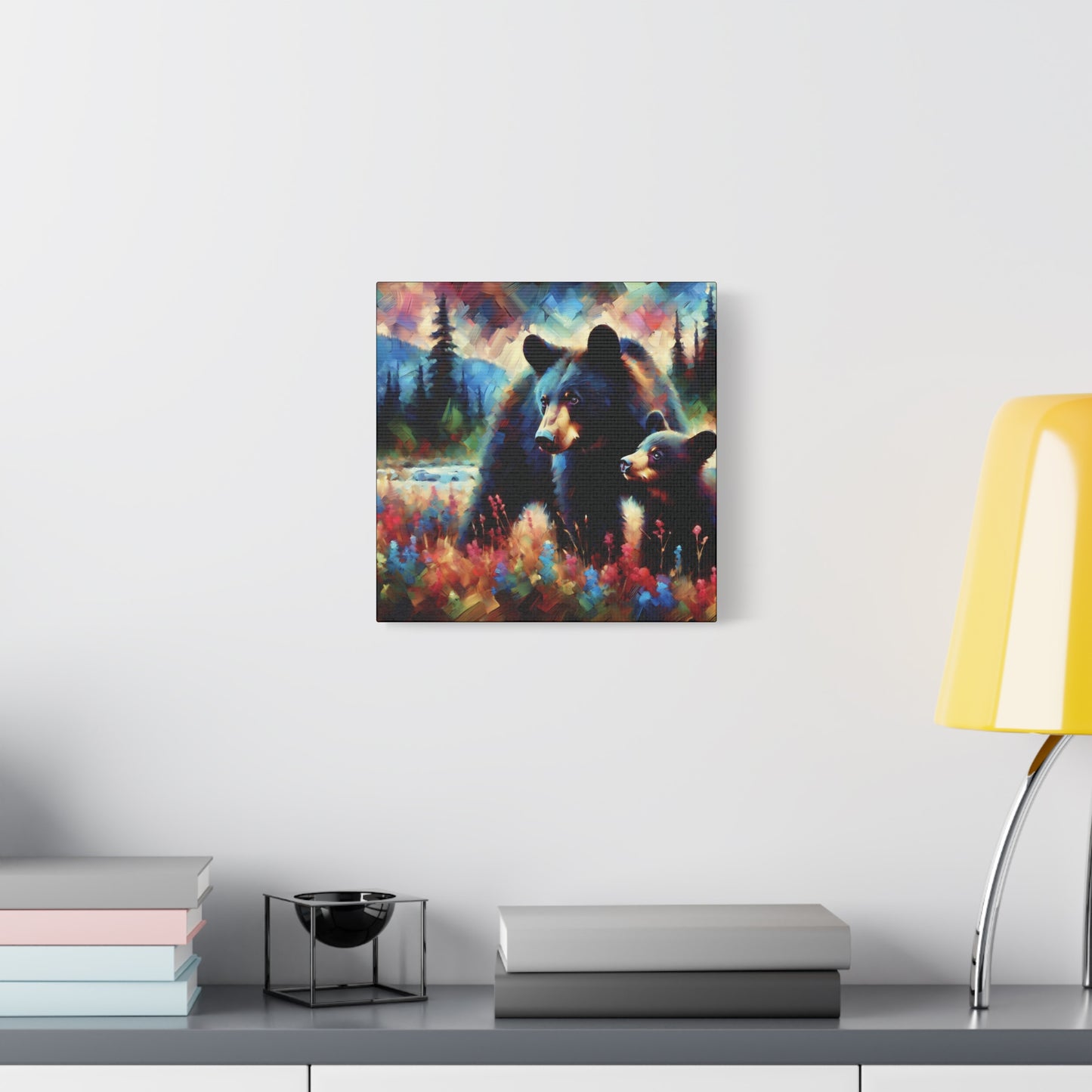 Canvas Wall Art - Black Bear with Cub in Forest Clearing - Contemporary Impressionist Art Print