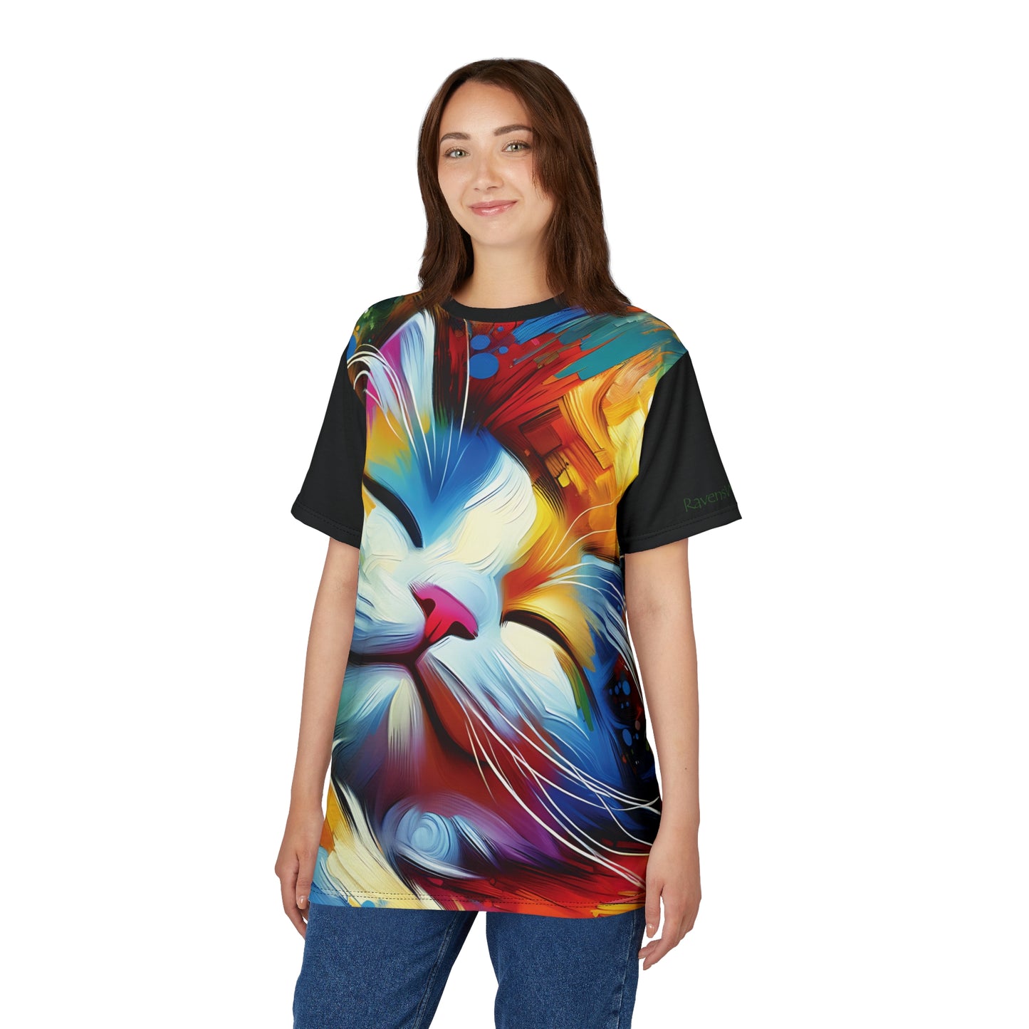 Happy Cat Dreams Vibrant Art Tee | Colorful Unisex Cut & Sew T-Shirt, Wildlife Apparel, Unique Graphic Tee, Birthday Gift