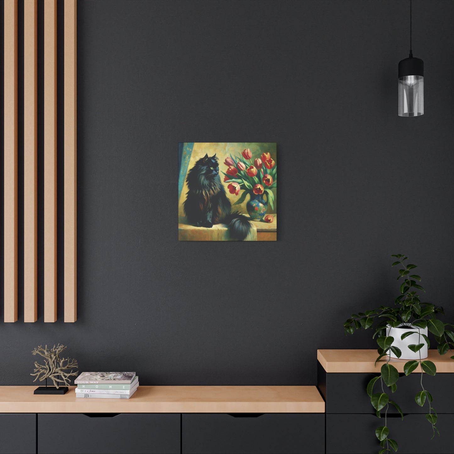 The Artist's Black Cat with Red Tulips - Impressionist Canvas Wall Art