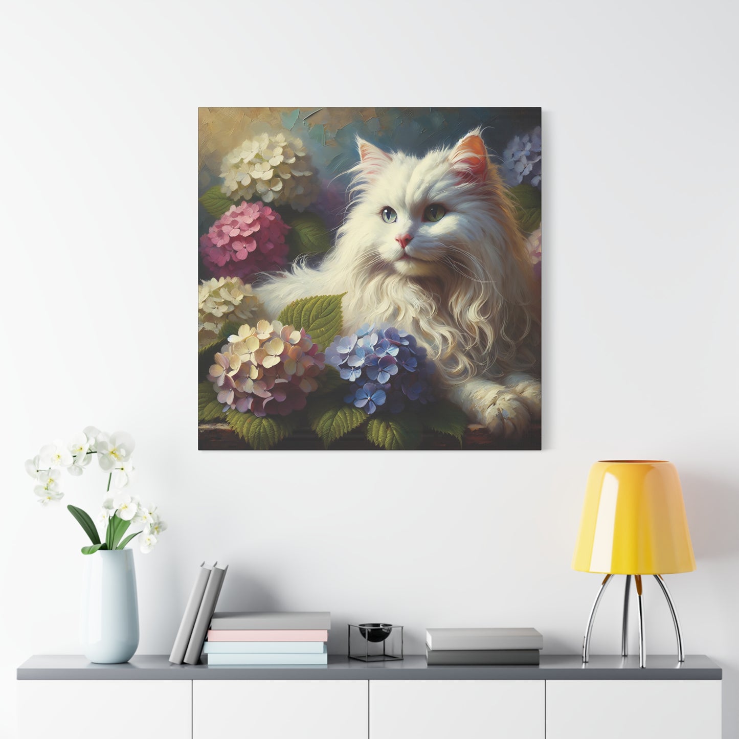 The Artist's White Cat with Hydrangeas, Impressionist Style Canvas Wall Art