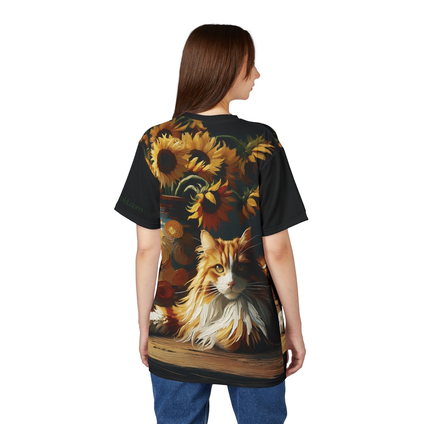 Orange and White Cat with Sunflowers Vibrant Art Tee | Colorful Unisex Cut & Sew T-Shirt, Cat Lover Apparel, Unique Graphic Tee, Birthday Gift