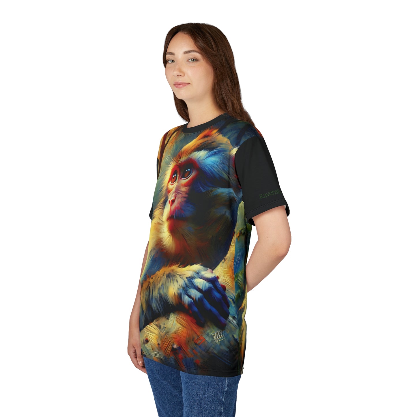 Monkey Vibrant Art Tee | Rhesus Macaque Colorful Unisex Cut & Sew T-Shirt, Wildlife Apparel, Unique Graphic Tee