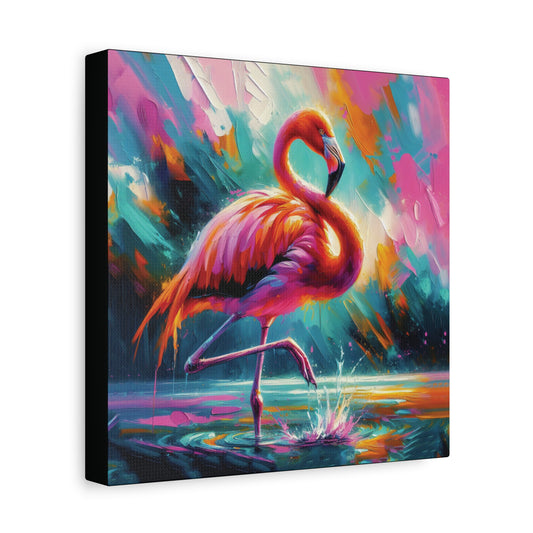 A colorful expressionist style canvas print featuring a flamingo standing in a watercolor-like setting with vibrant colors.