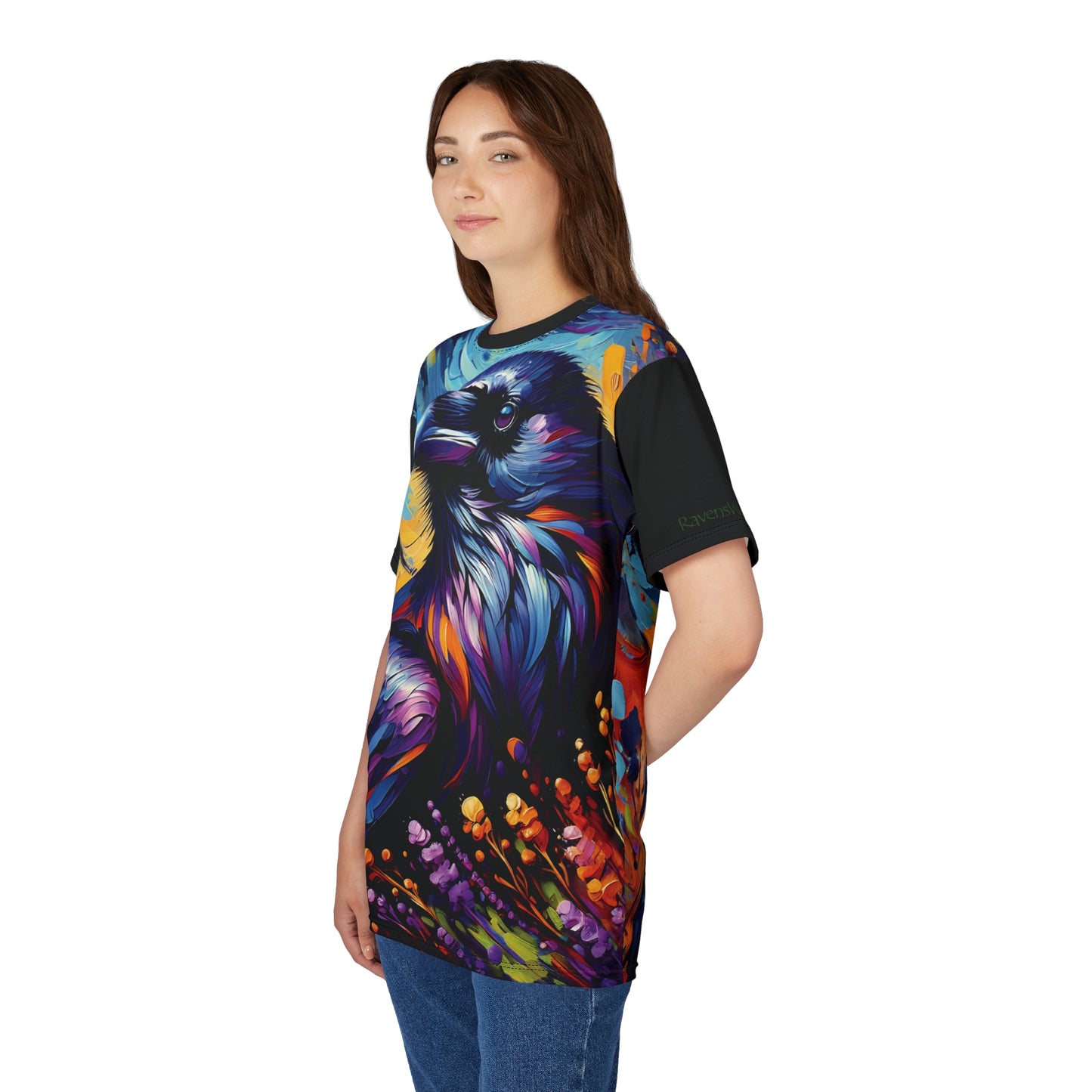 Colorful Raven Portrait Vibrant Art Tee | Colorful Unisex Cut & Sew T-Shirt, Wildlife Apparel, Unique Graphic Tee, Birthday Gift