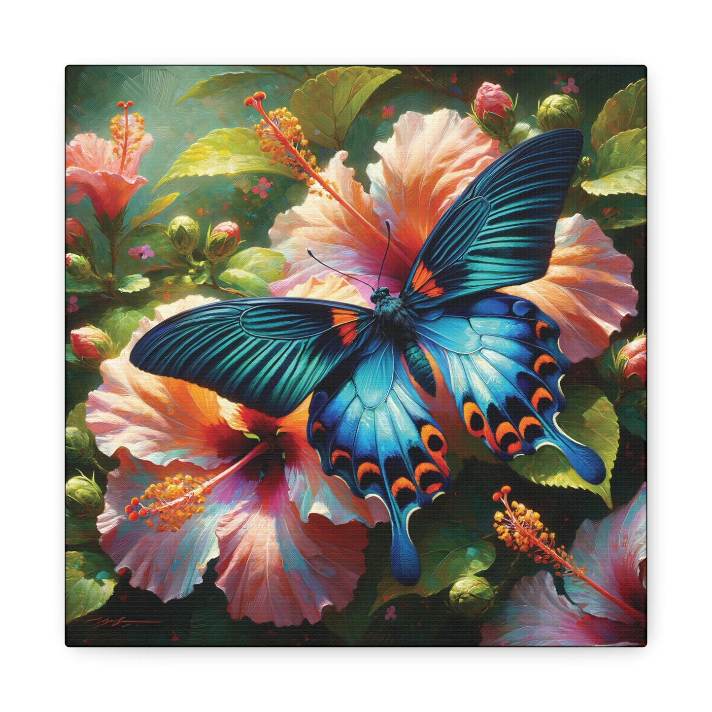 Butterfly Canvas Wall Art - Blue Butterfly with Hibiscus, Impressionist Art Style