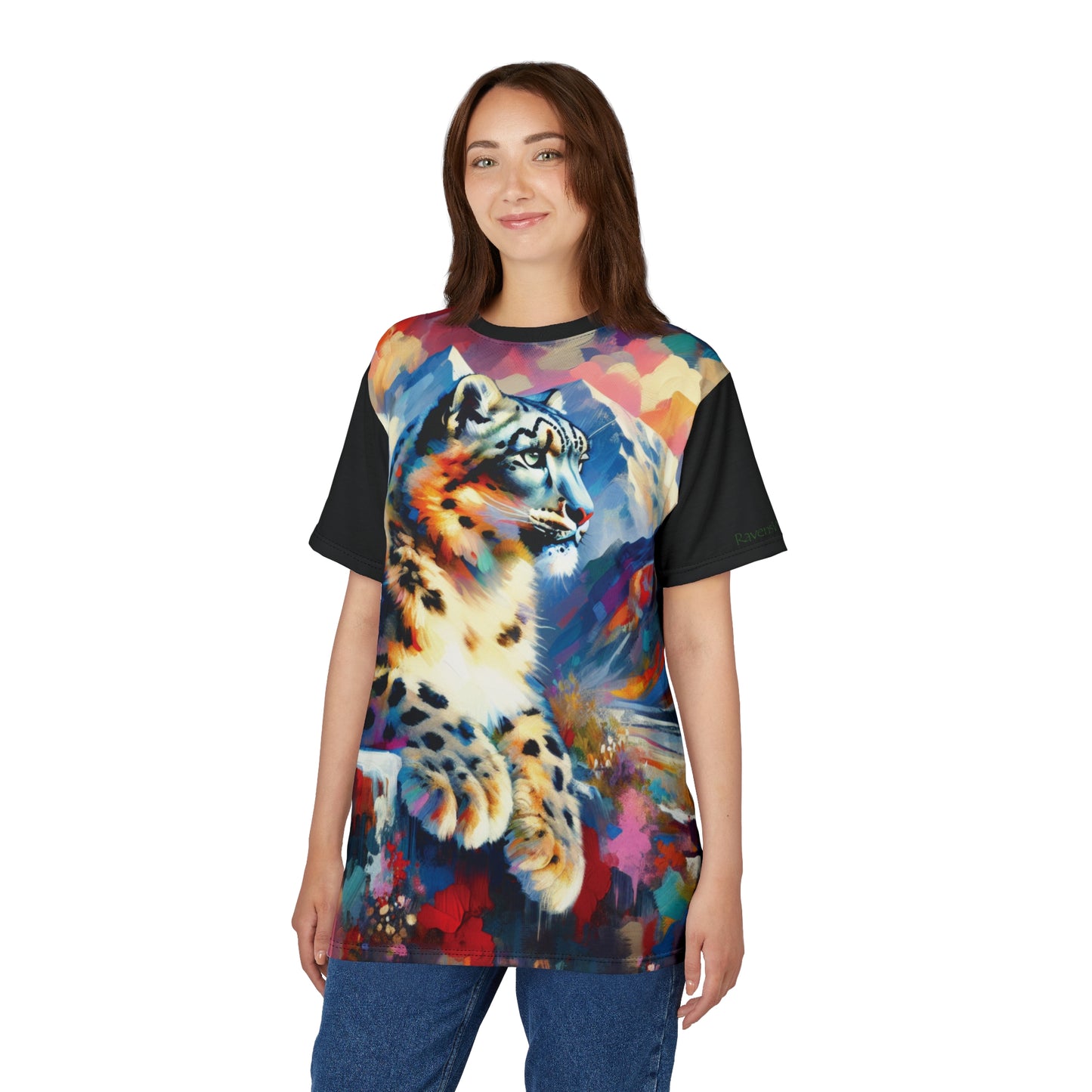 Himalayan Snow Leopard Vibrant Art Tee | Colorful Unisex Cut & Sew T-Shirt, Wildlife Apparel, Unique Graphic Tee, Birthday Gift