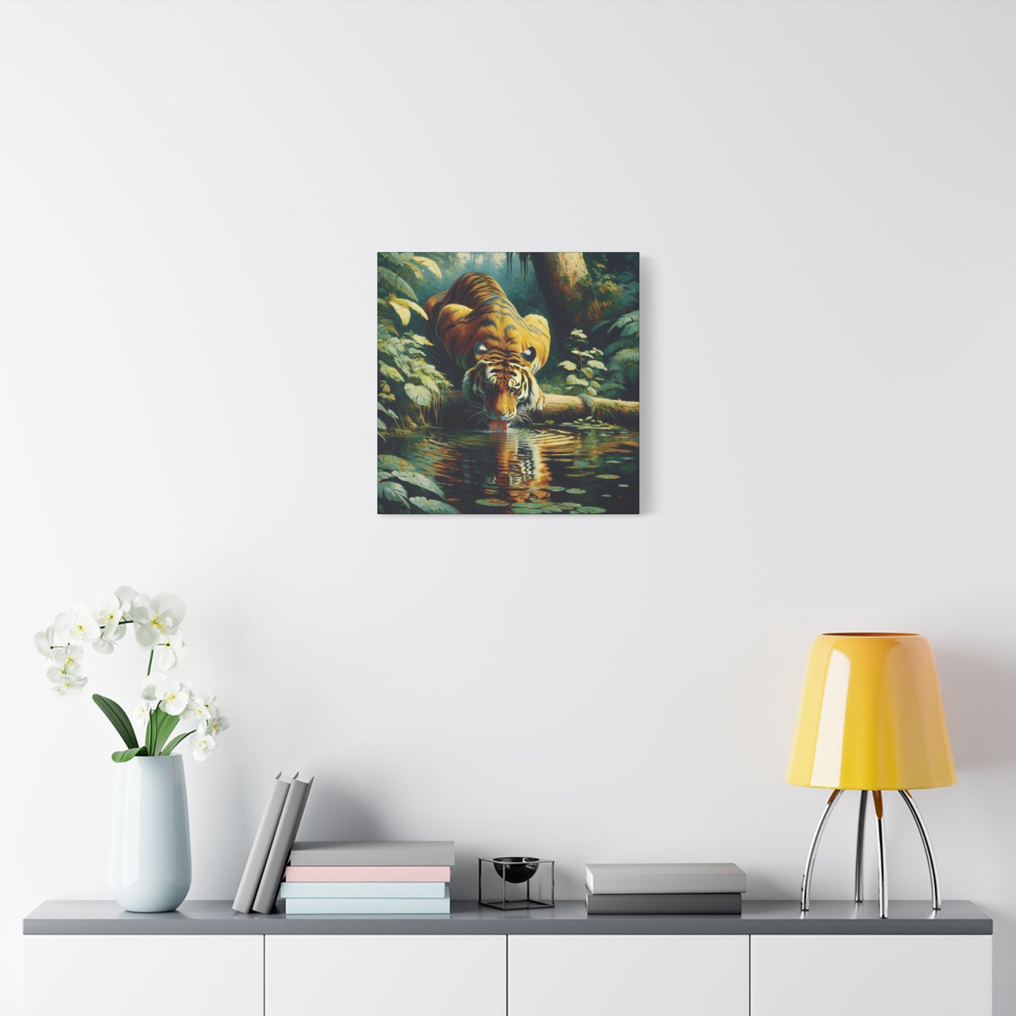 Tiger at Pond Impressionist Canvas Art Print