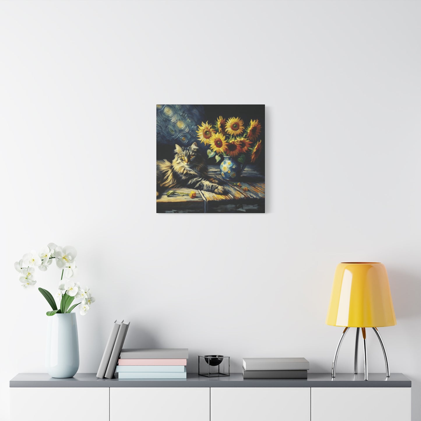 Canvas Wall Art - Grey Tabby Cat with Sunflowers - Old Master Style Art